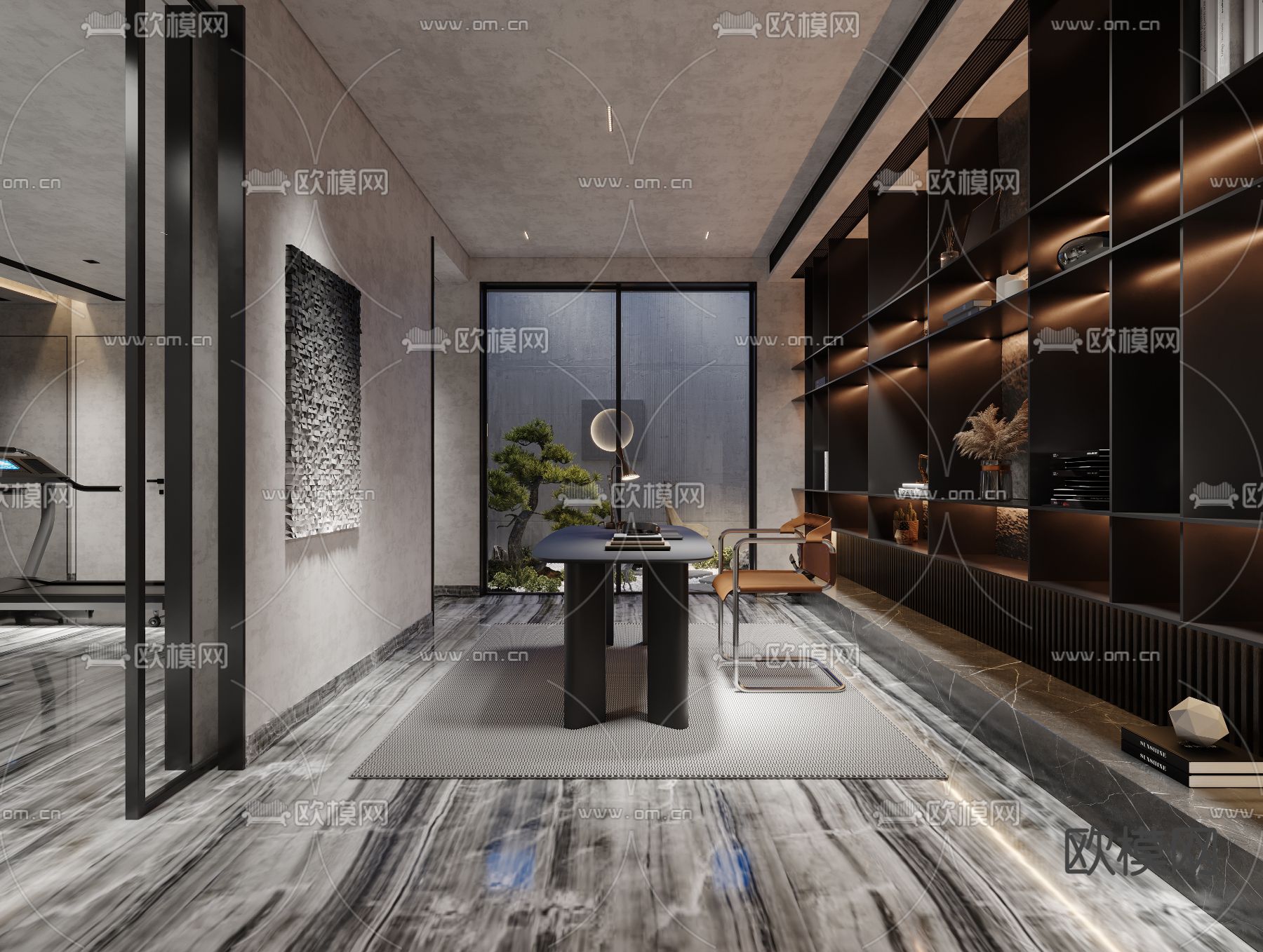 现代高级灰地下书房健身区3d模型下载（渲染图1）