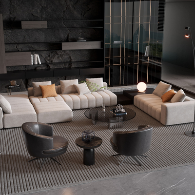  Minotti 现代米白色组合沙发su模型 
