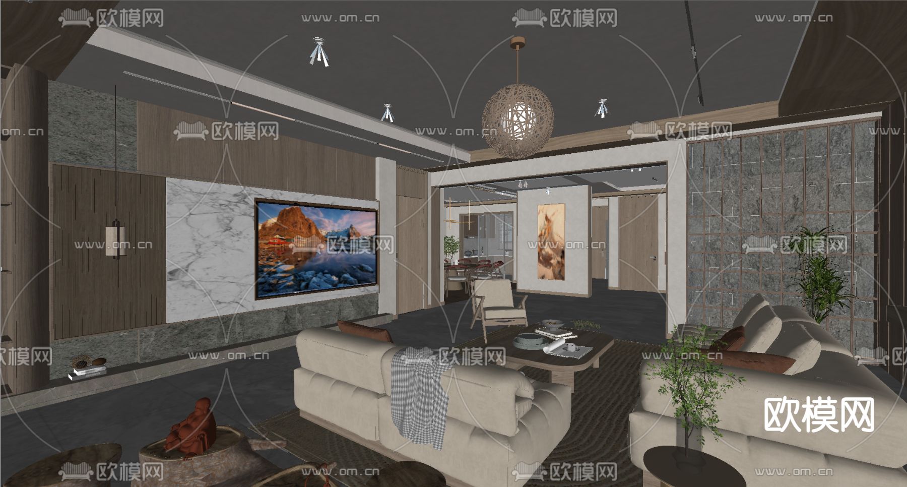 新中式客厅餐厅su模型下载（渲染图4）