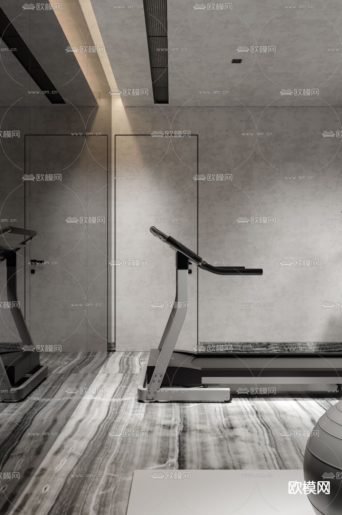 现代高级灰地下书房健身区3d模型下载（渲染图2）