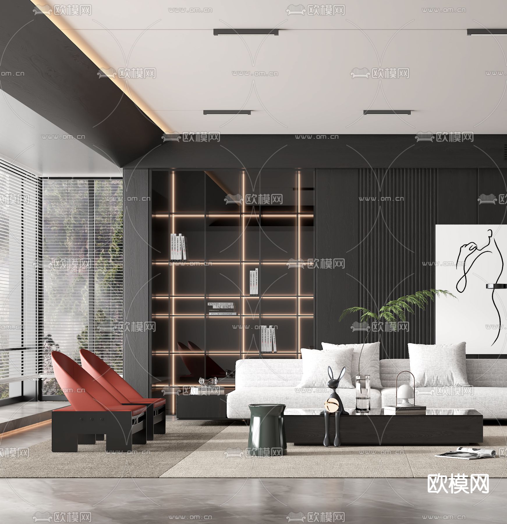 现代高级灰客厅3d模型下载（渲染图2）