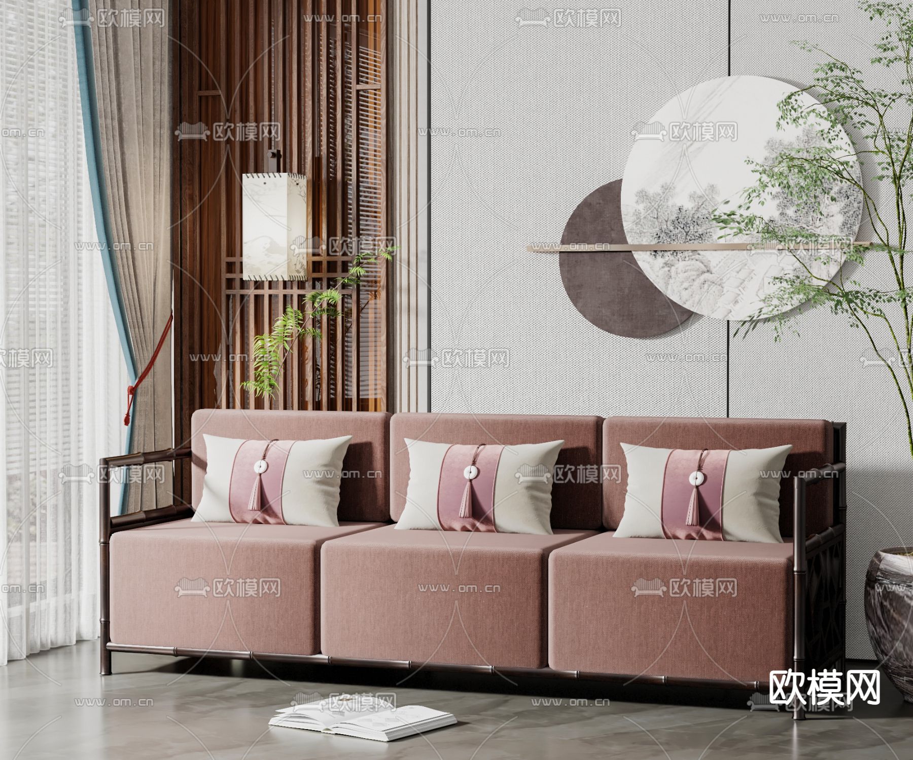 新中式淡红色多人沙发 三人沙发3d模型下载
