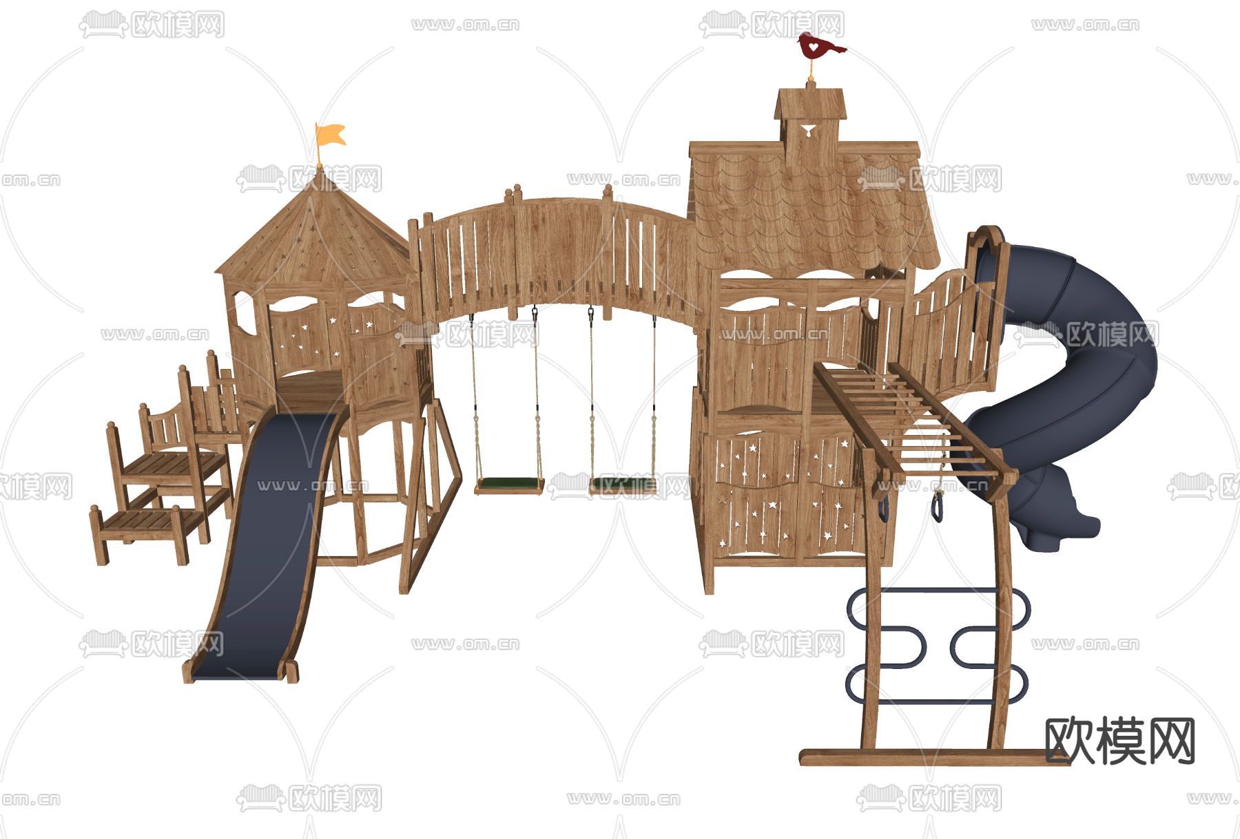 现代儿童户外滑滑梯游乐设施su模型下载（渲染图2）