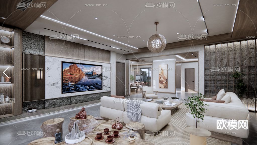 新中式客厅餐厅su模型下载（渲染图1）