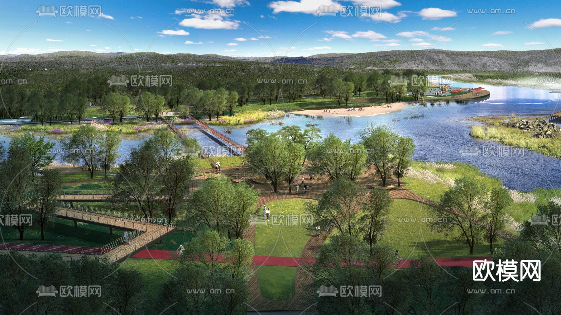 现代湿地园林景观鸟瞰psd下载