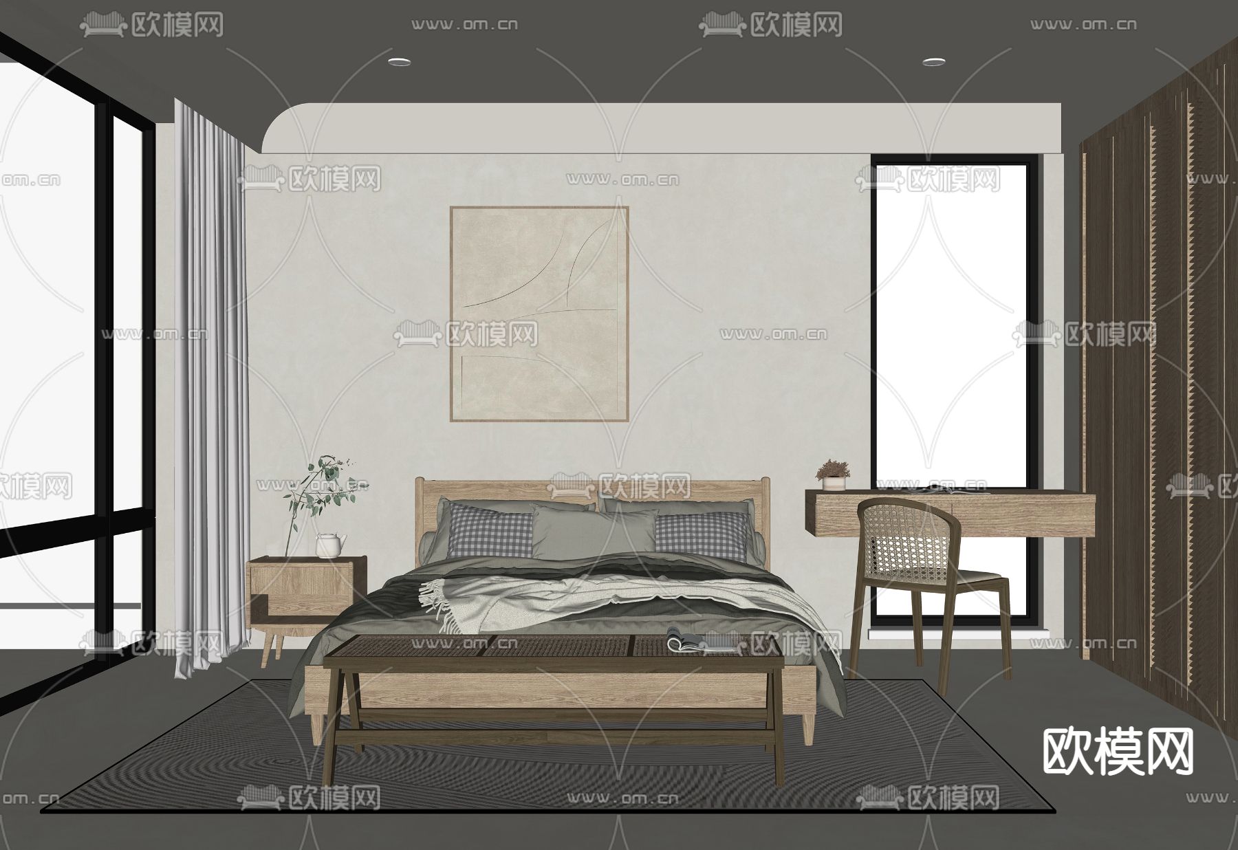 侘寂风卧室主人房su模型下载（渲染图2）