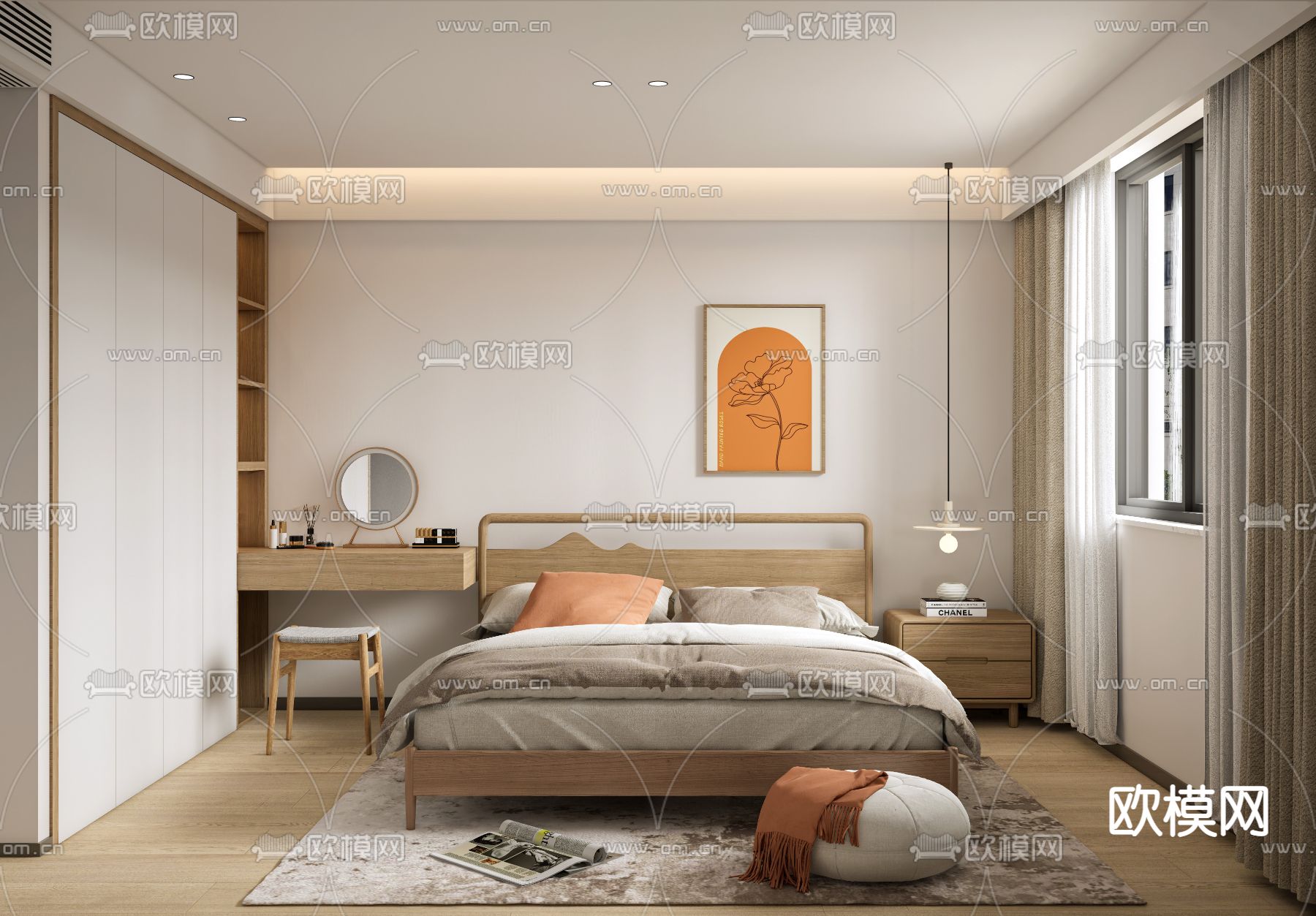 日式原木风卧室su模型下载（渲染图1）