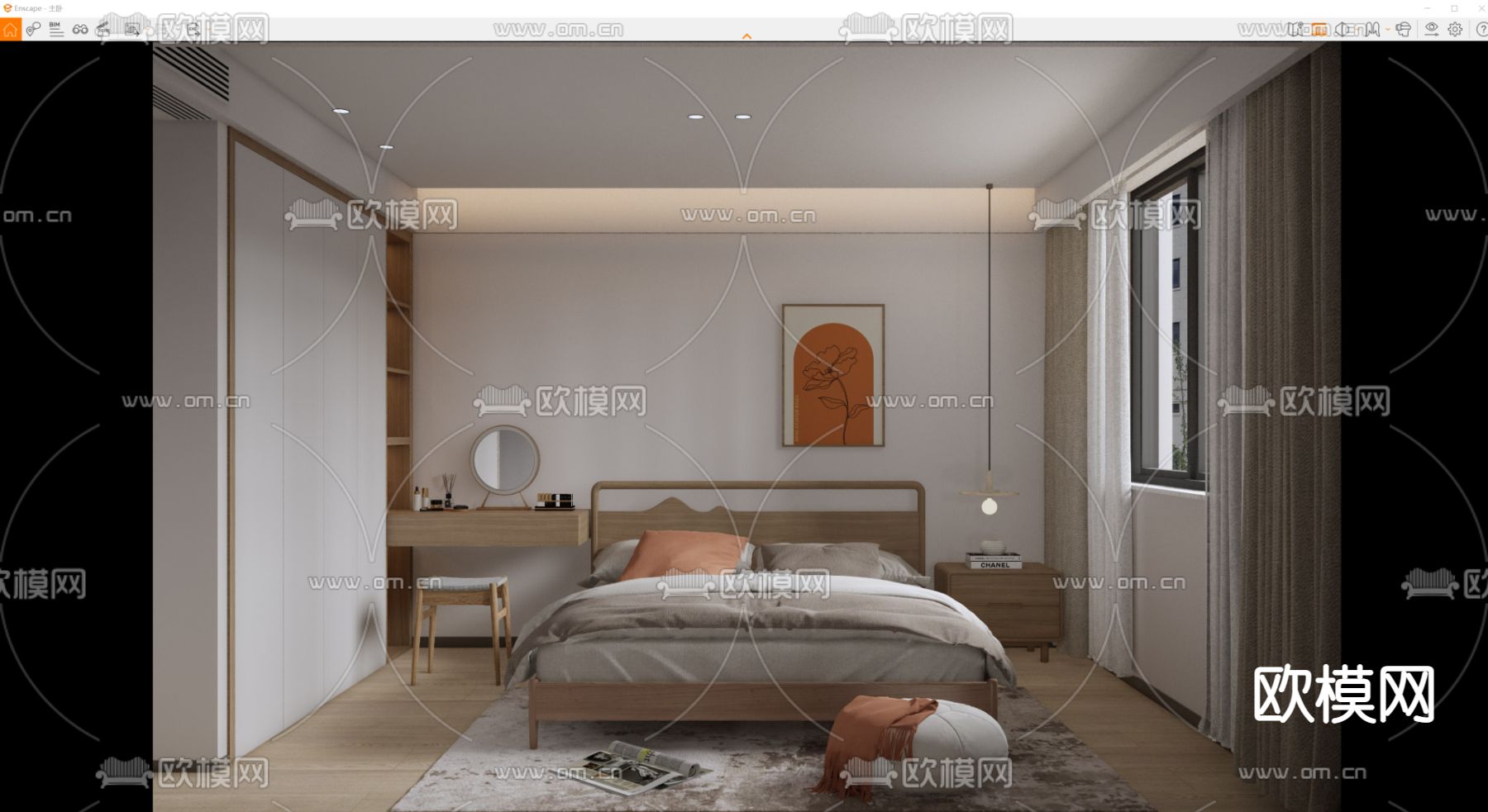 日式原木风卧室su模型下载（渲染图3）