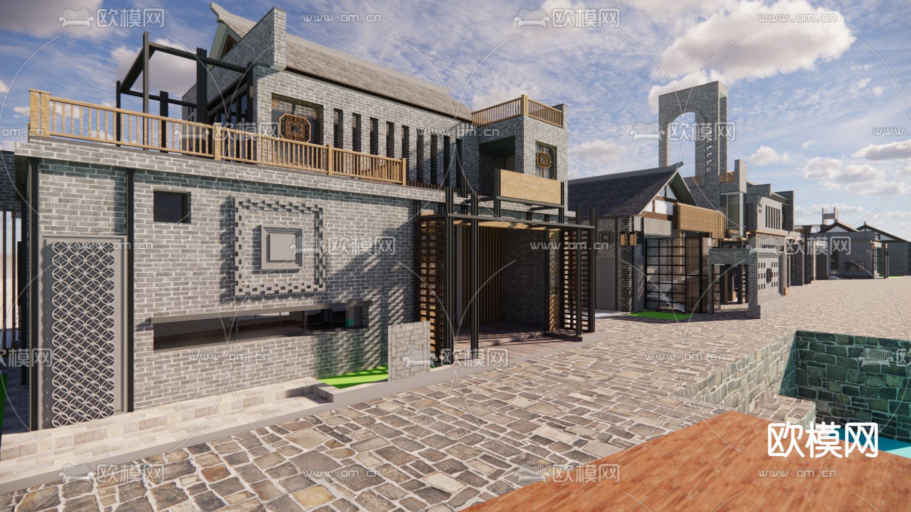 新中式滨水商业街su模型下载（渲染图1）