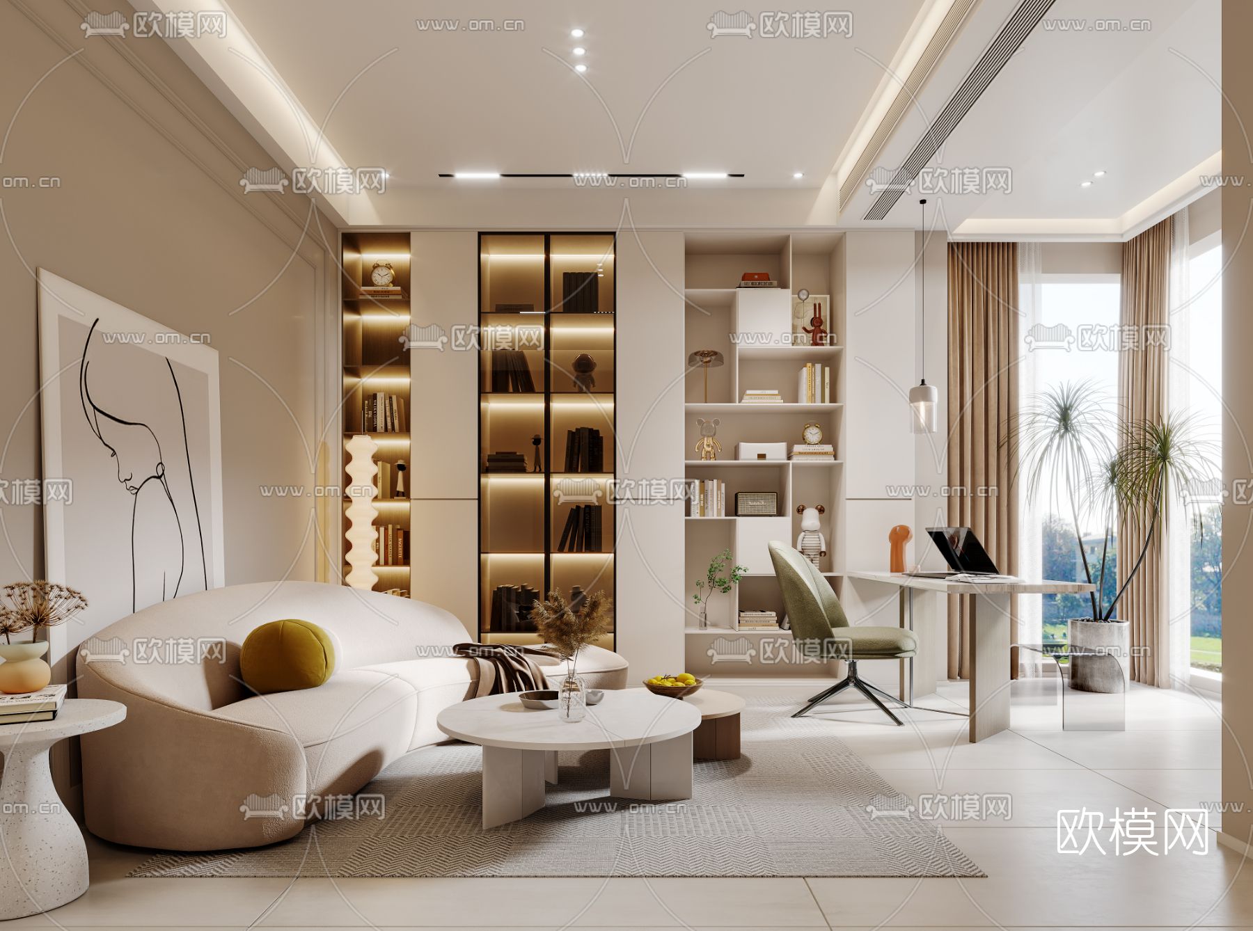 现代客厅餐厅3d模型下载（渲染图1）