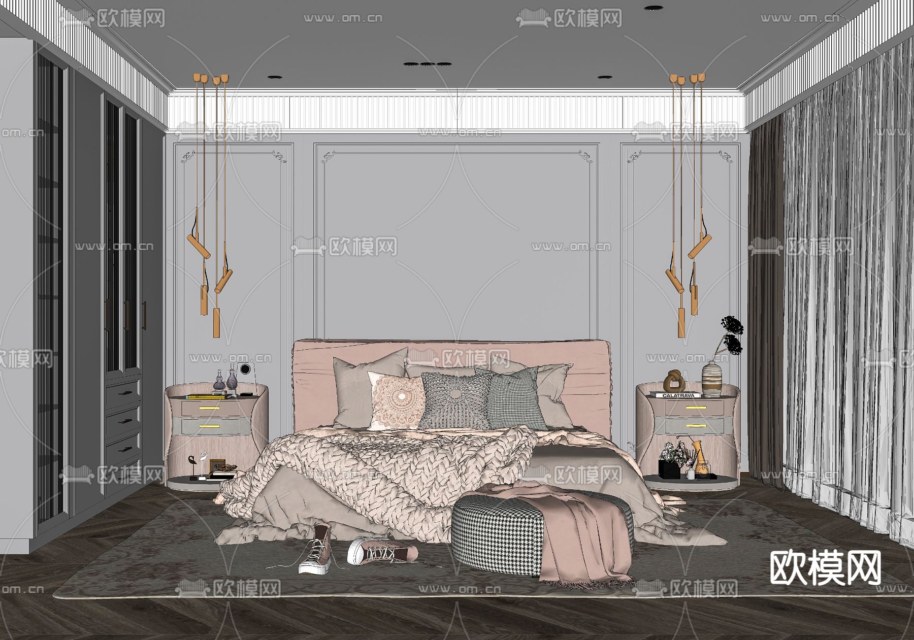 简欧卧室su模型下载（渲染图2）