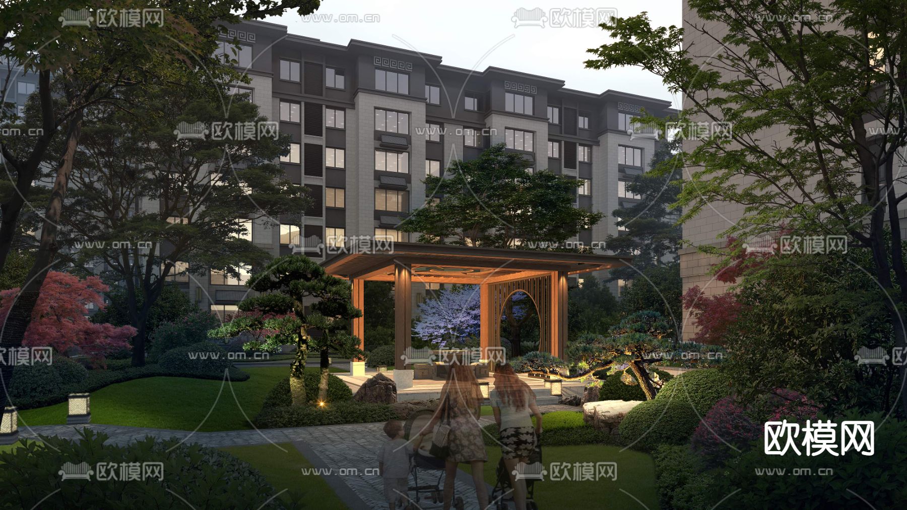 新中式别墅庭院花园psd下载