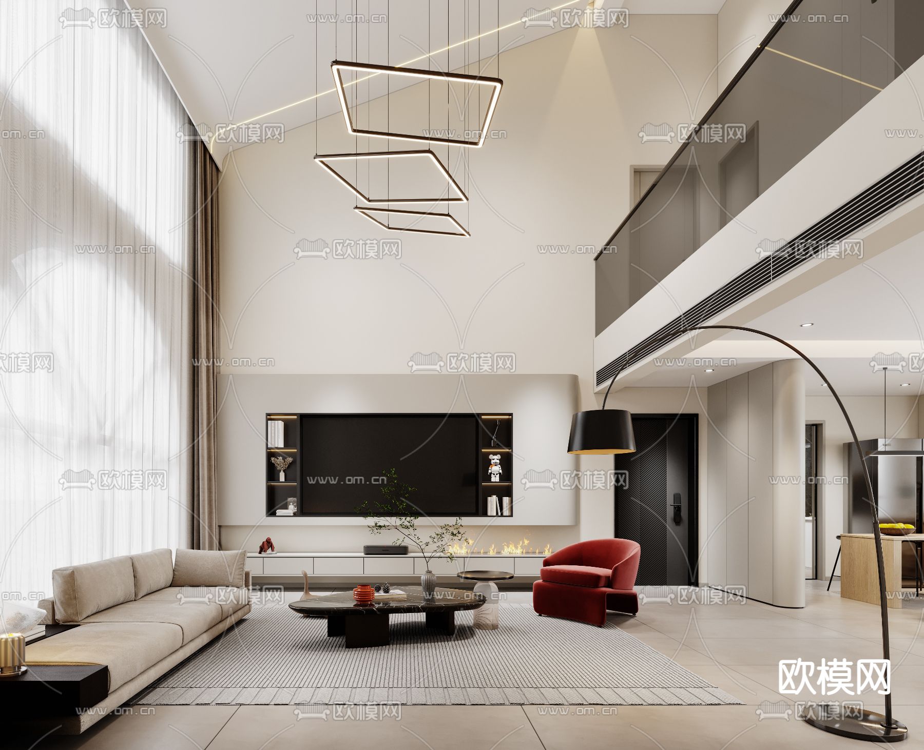 现代别墅客厅餐厅大堂3d模型下载（渲染图8）