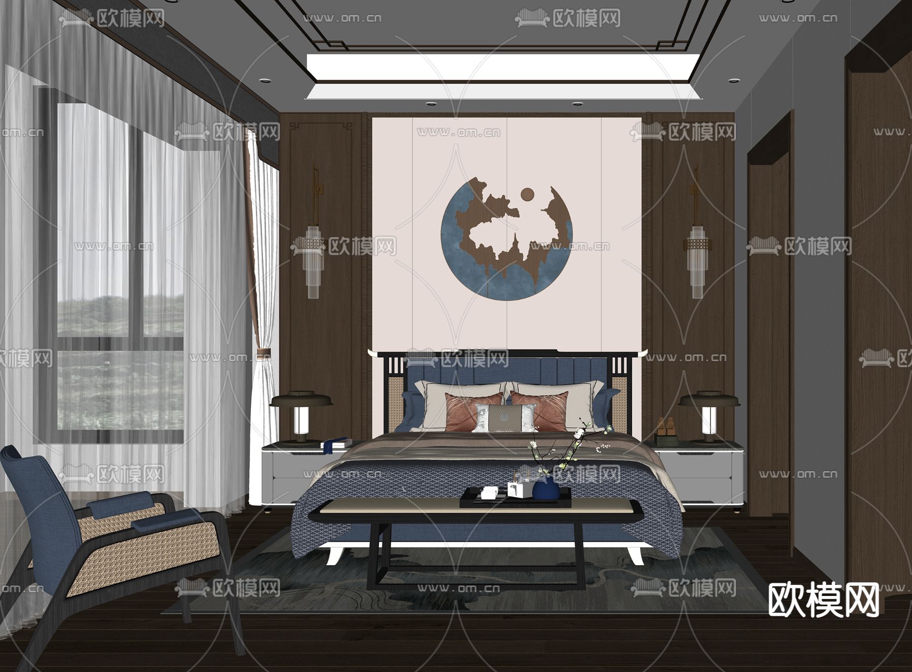新中式卧室主人房su模型下载（渲染图2）