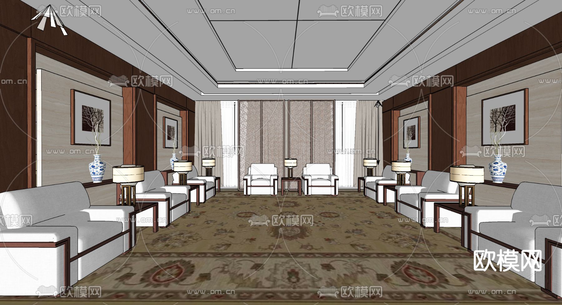 新中式接待室su模型下载（渲染图2）