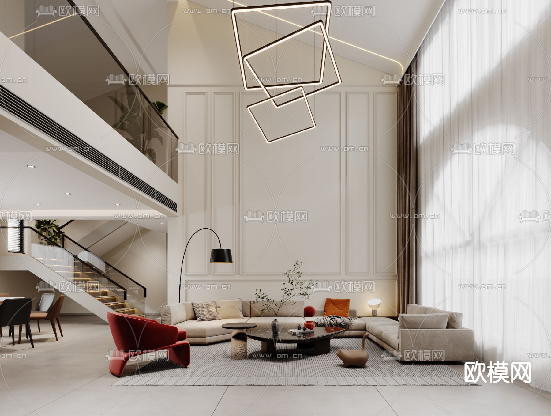 现代别墅客厅餐厅大堂3d模型下载（渲染图1）