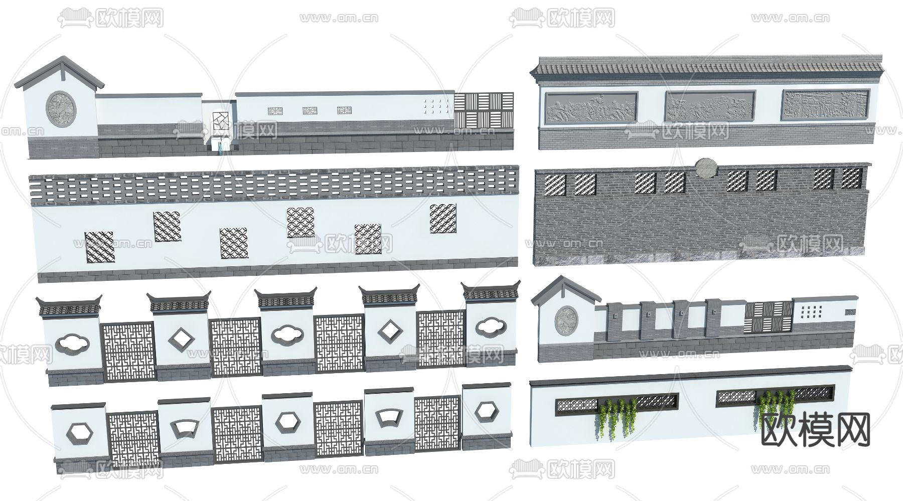 中式景墙围墙文化墙3d模型下载