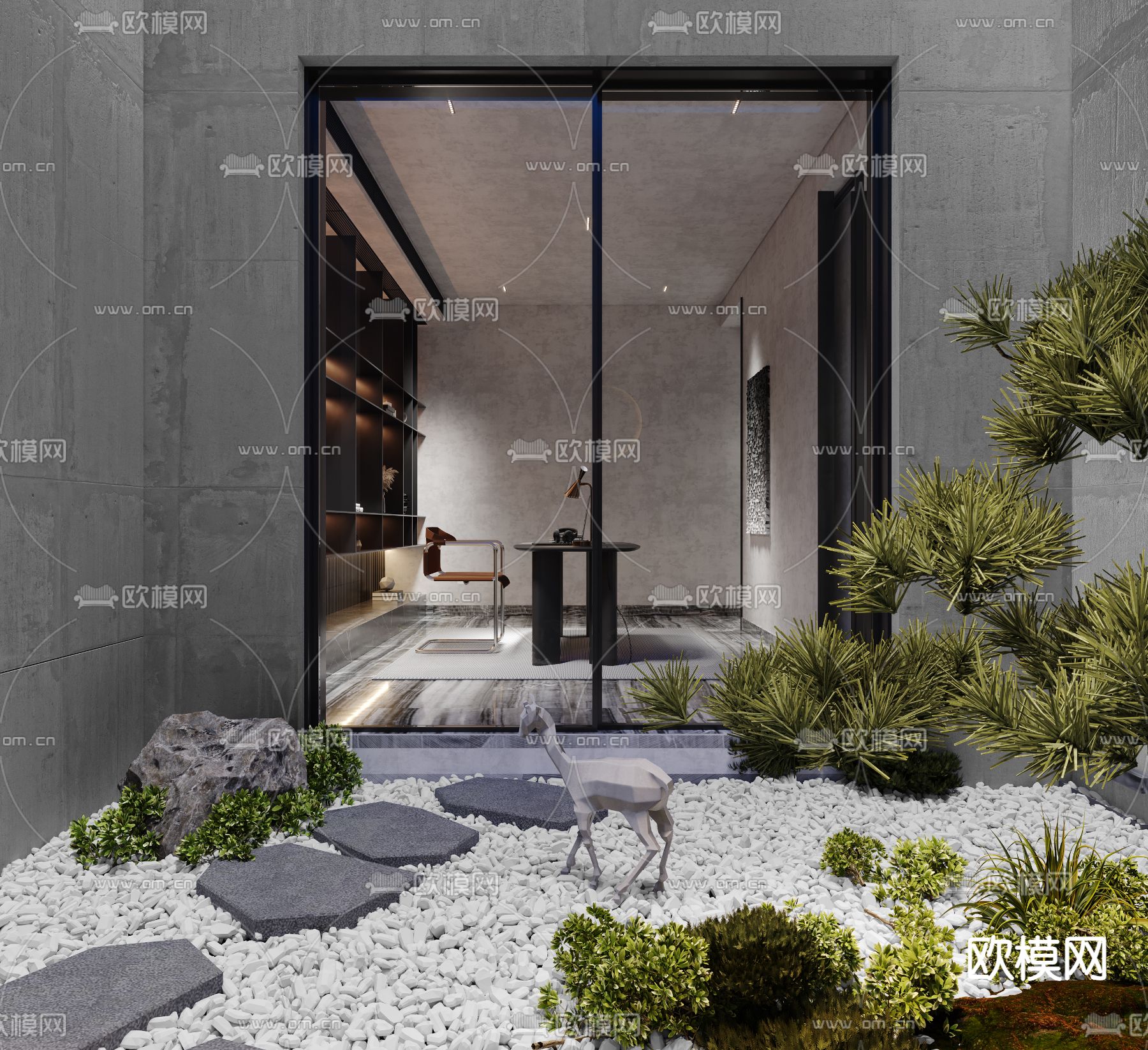 现代高级灰地下书房健身区3d模型下载（渲染图10）