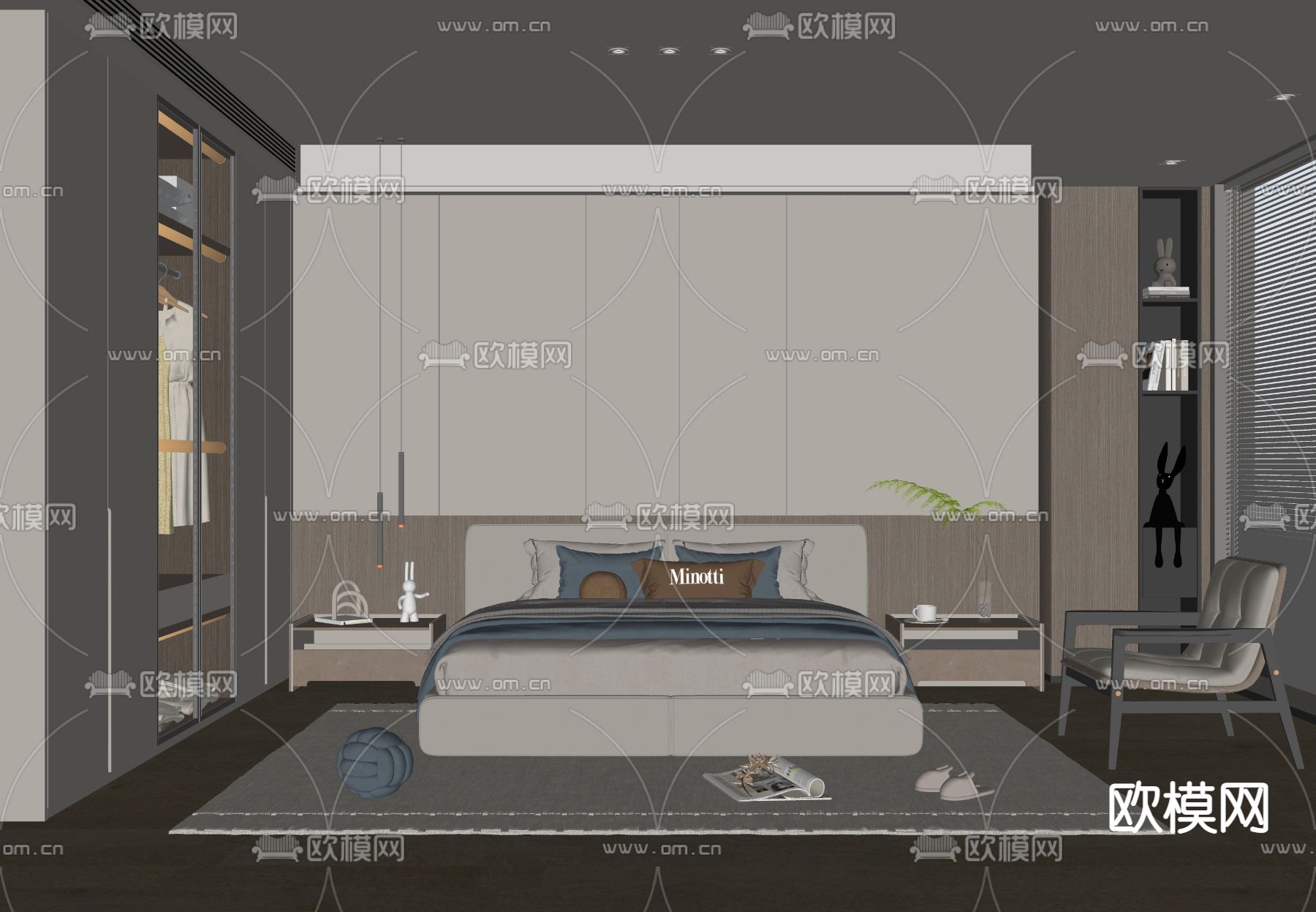 奶油风卧室su模型下载（渲染图2）