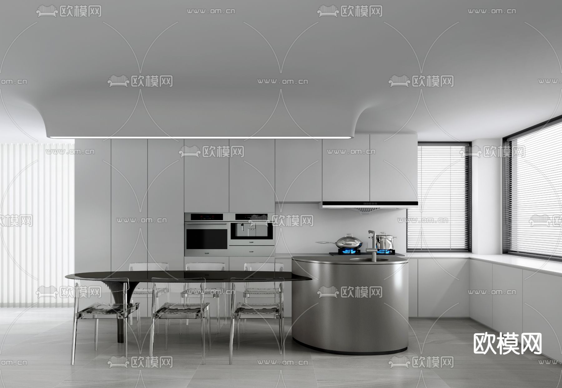 现代奶油白极简中岛台餐厅3d模型下载_ID12084512_3dmax免费模型-欧模网