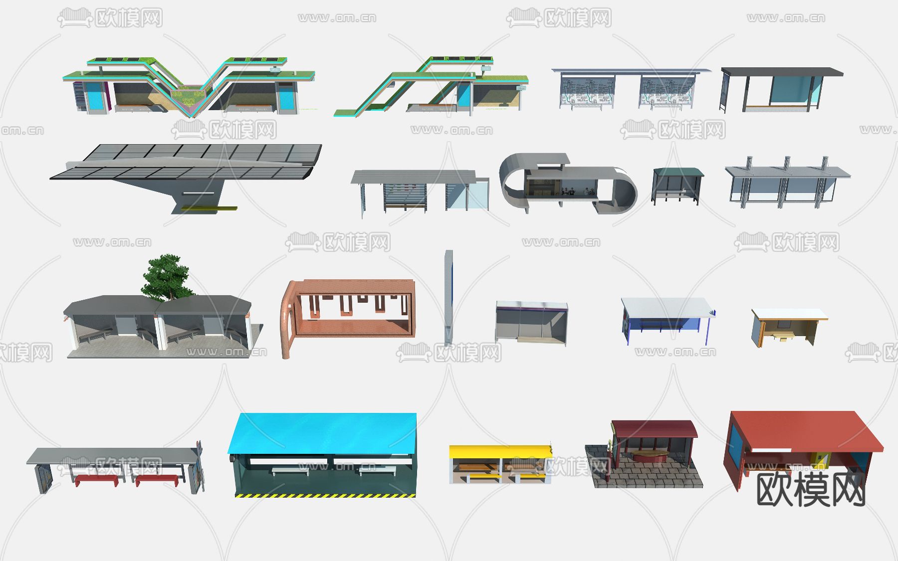 现代公交车站候车亭3d模型下载