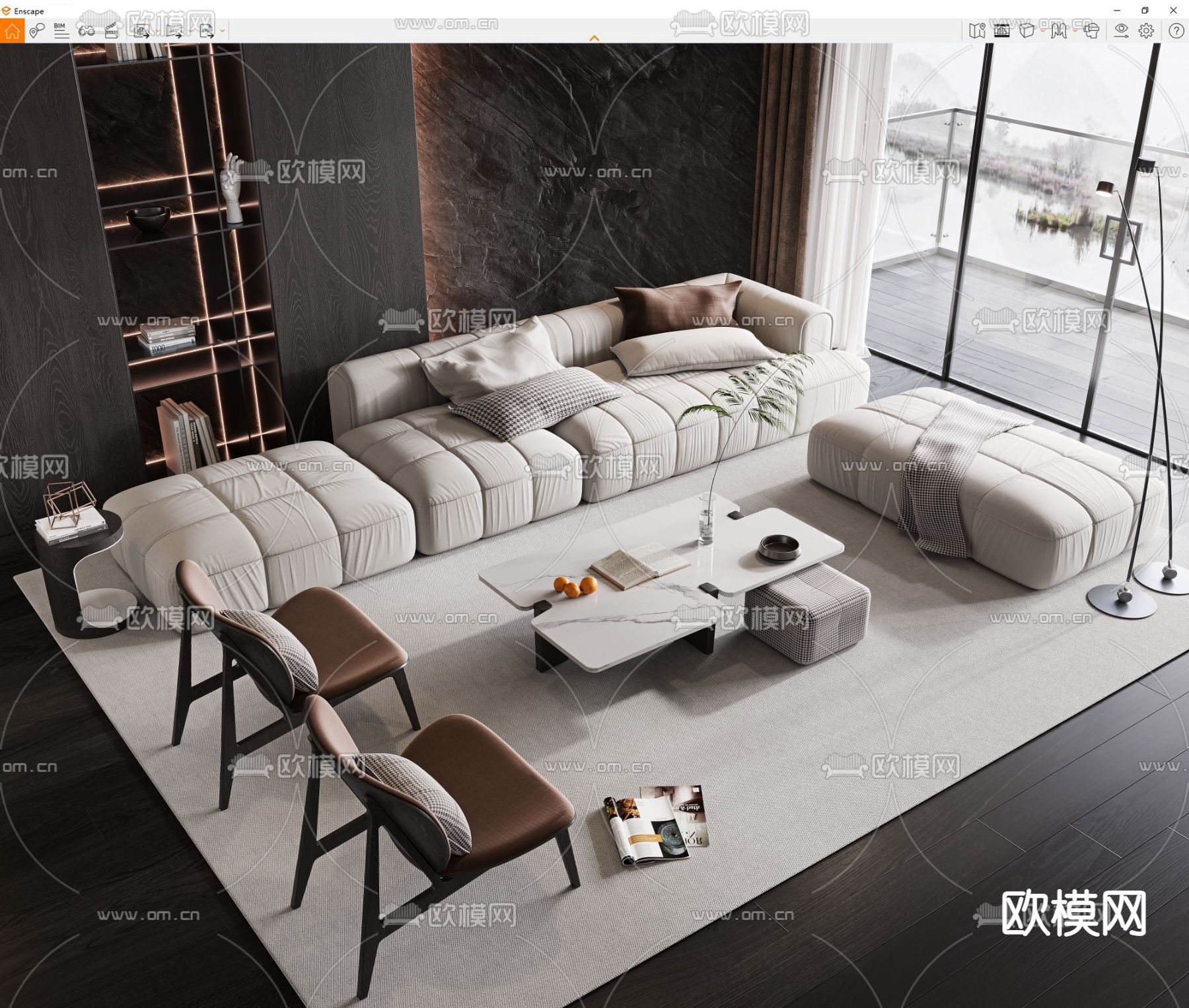 奶油风布艺组合沙发su模型下载（渲染图3）