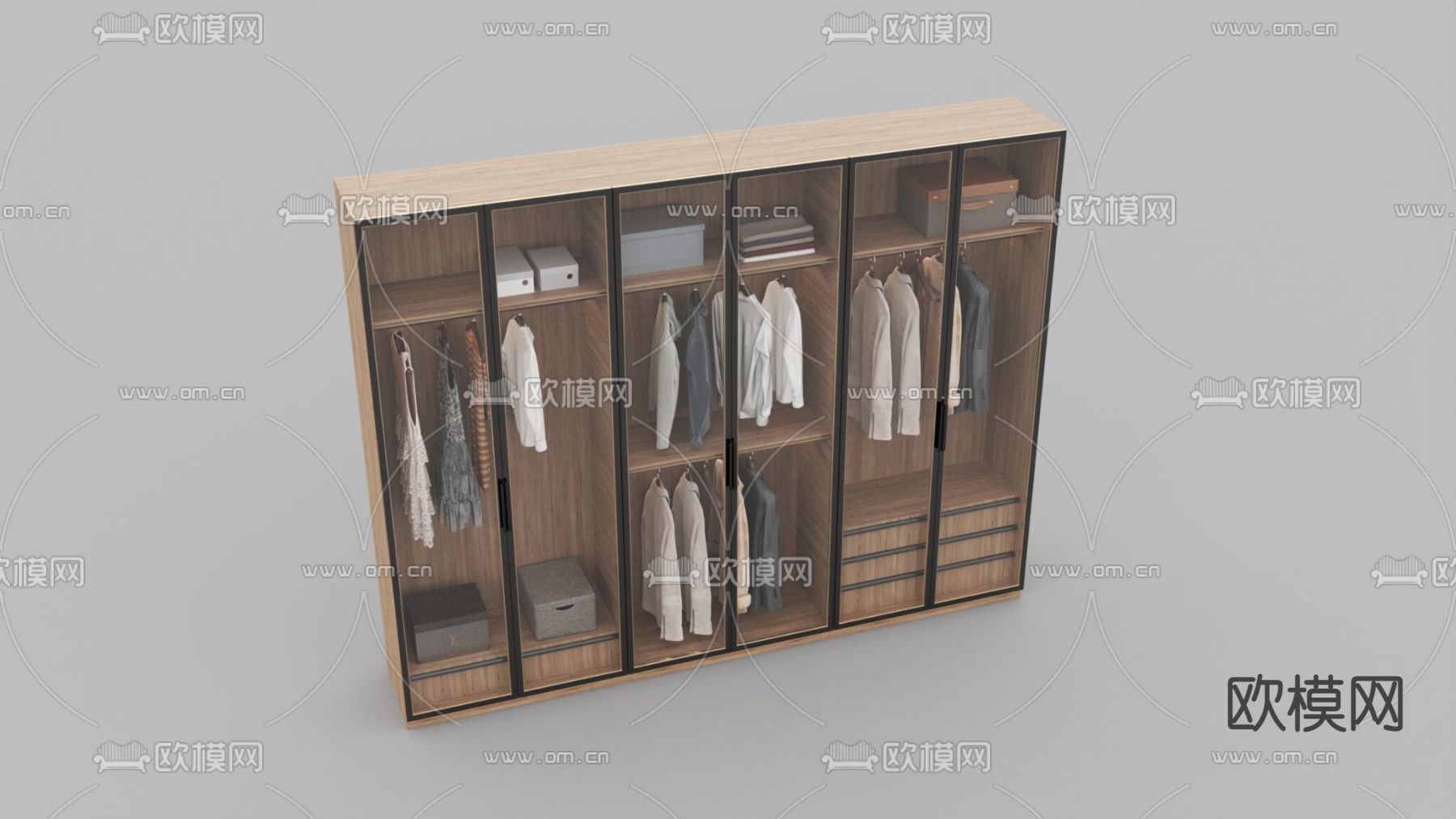 现代简约实木玻璃门衣柜免费3d模型下载