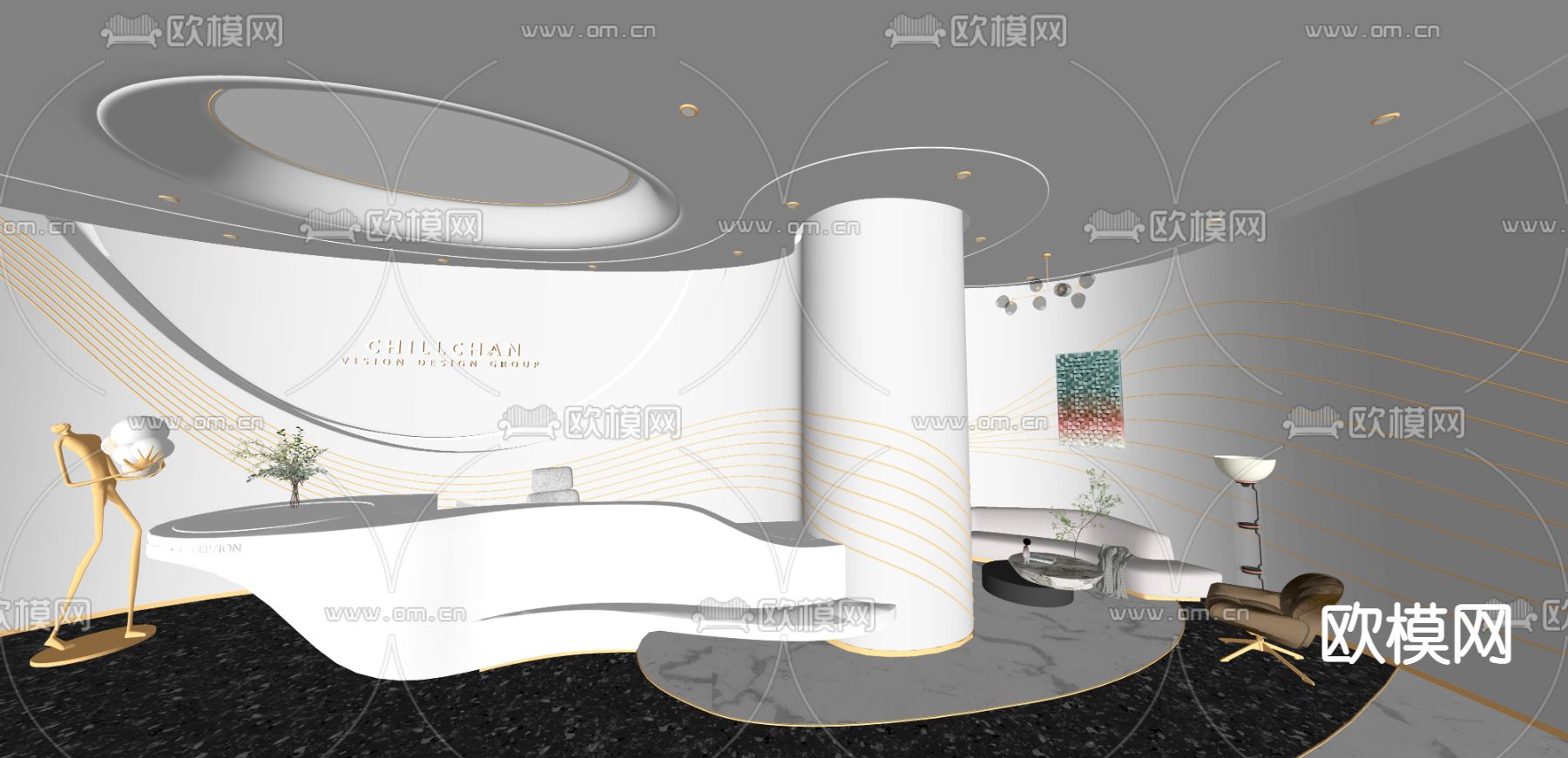 现代前台接待台su模型下载（渲染图2）