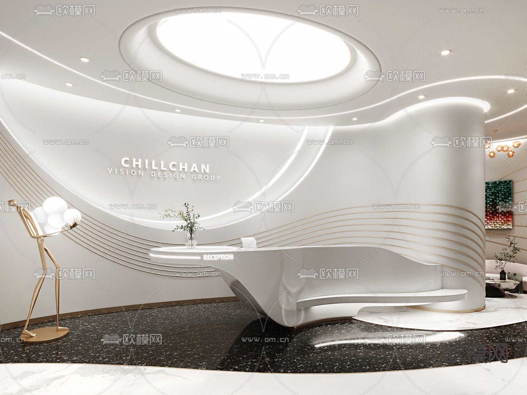 现代前台接待台su模型下载（渲染图1）