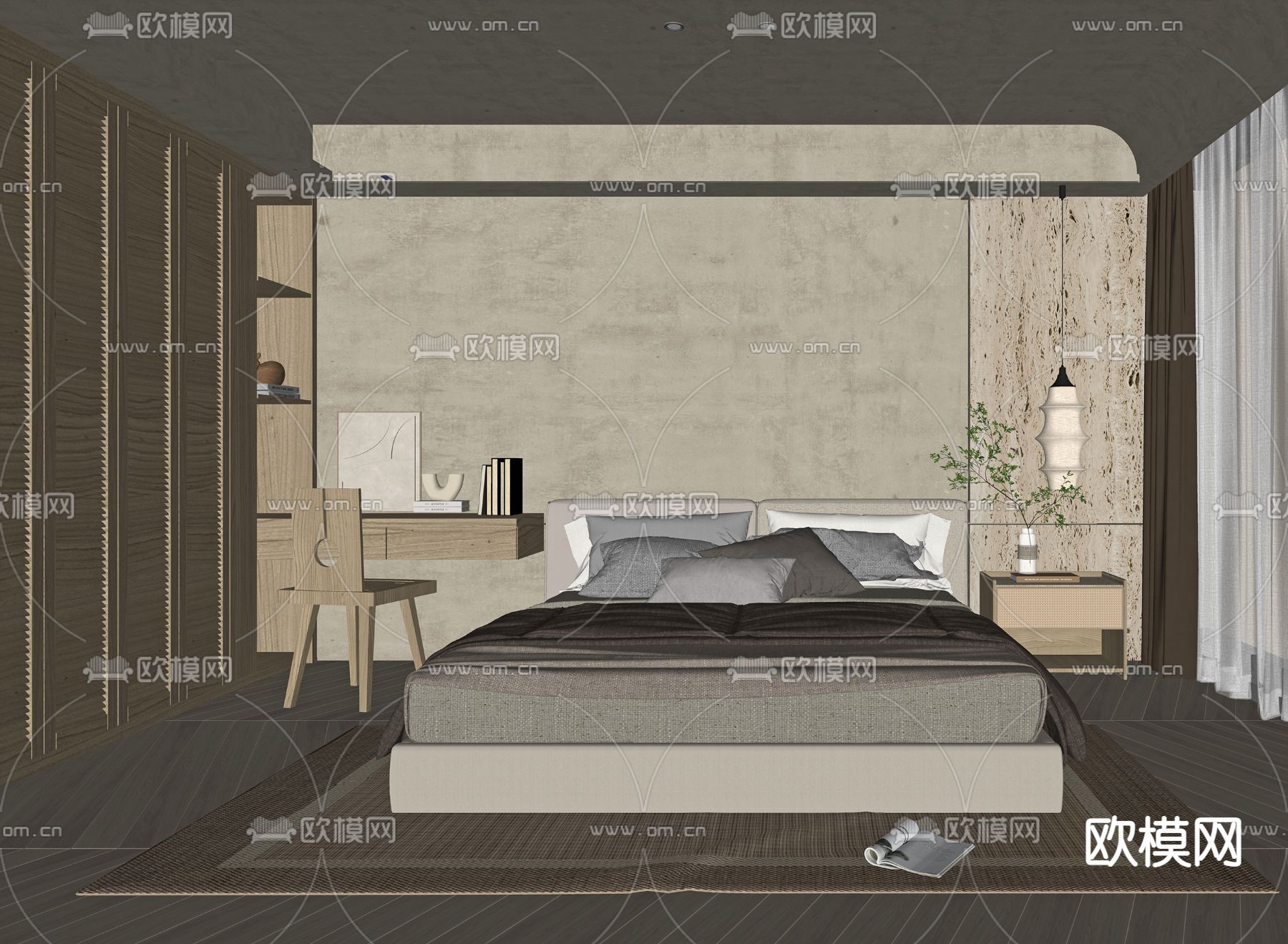 侘寂风卧室主人房su模型下载（渲染图2）