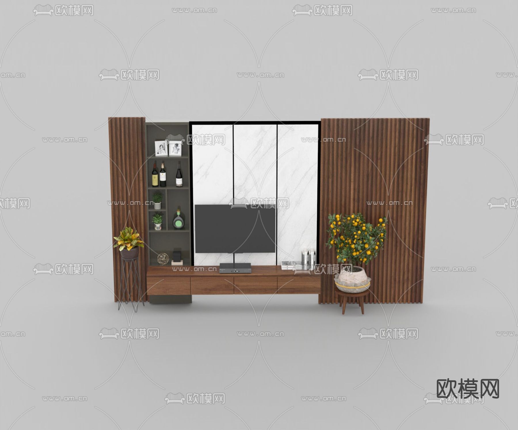 现代简约实木大理石背景墙电视柜免费3d模型下载