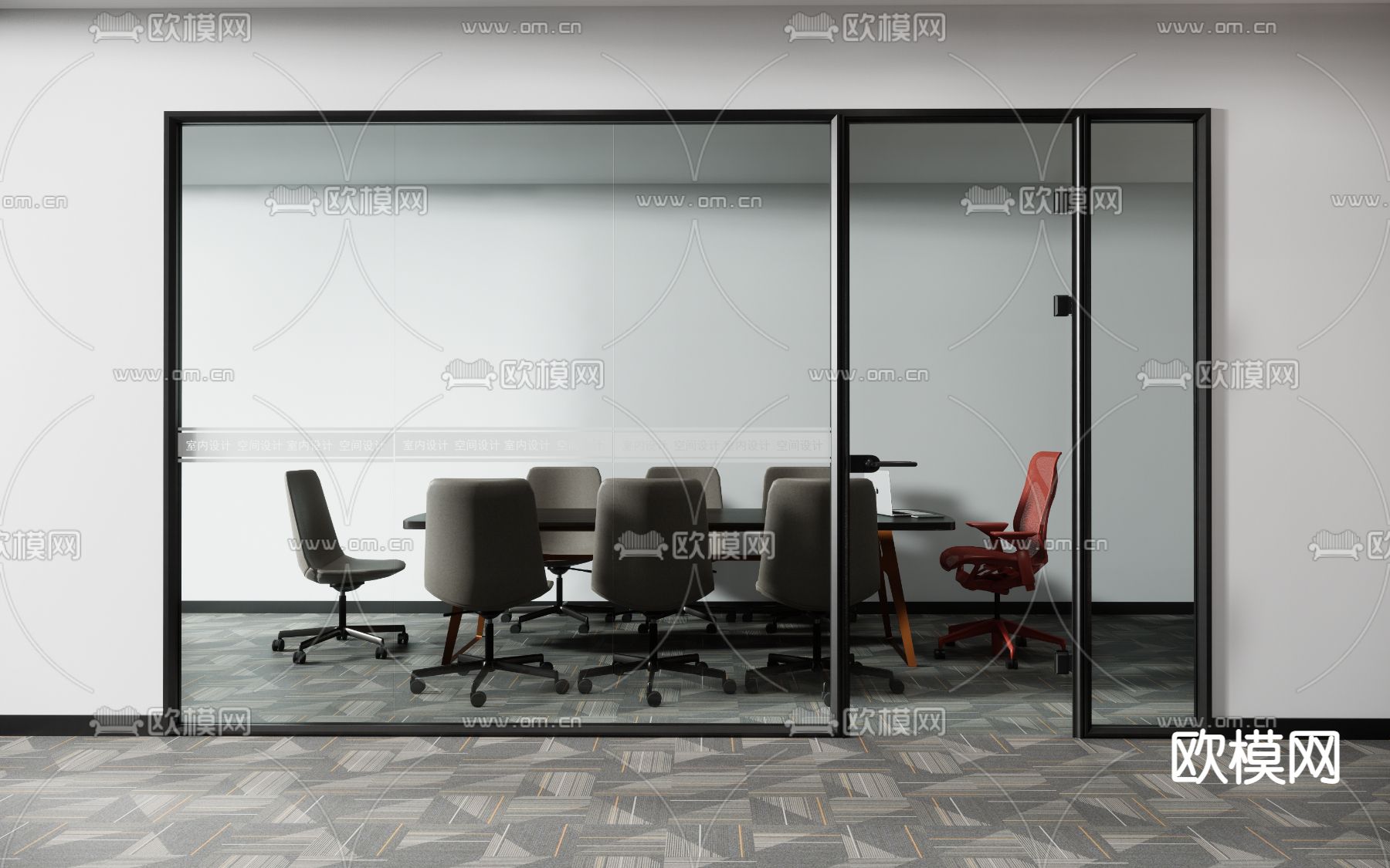 现代办公室玻璃隔断su模型下载（渲染图1）