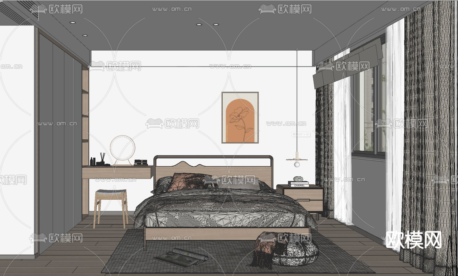 日式原木风卧室su模型下载（渲染图2）
