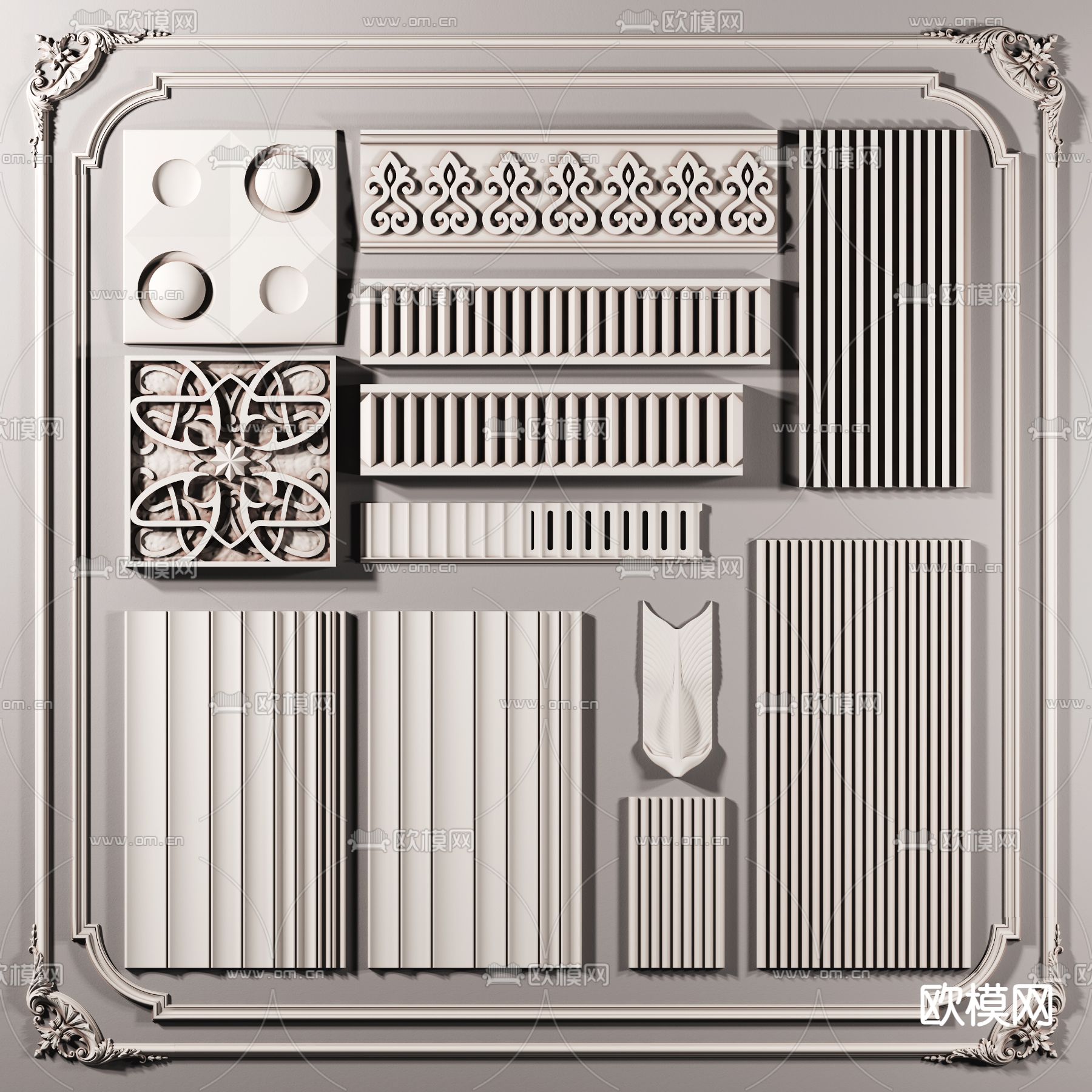 简欧格栅板雕花板墙饰3d模型