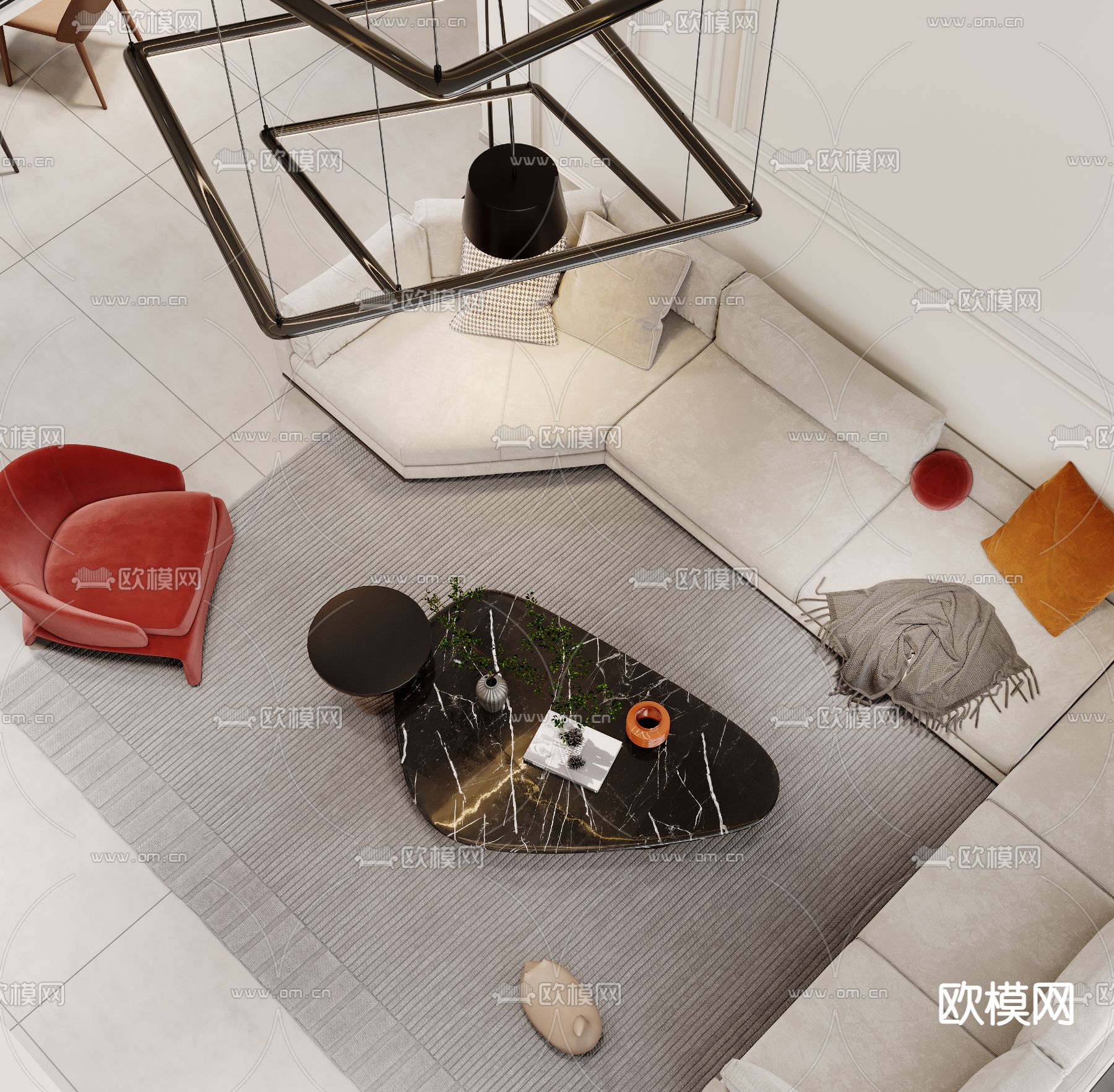 现代别墅客厅餐厅大堂3d模型下载（渲染图3）