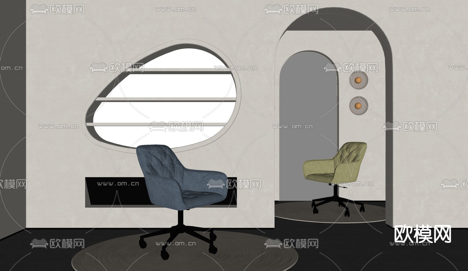 现代蓝色办公转椅su模型下载（渲染图2）