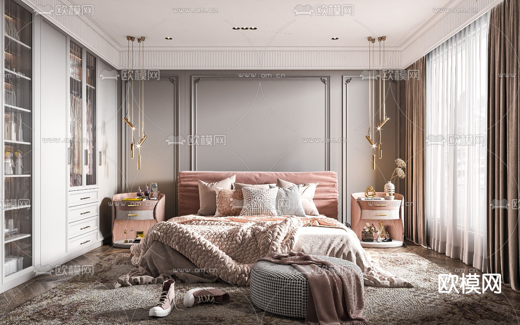 简欧卧室su模型下载（渲染图1）