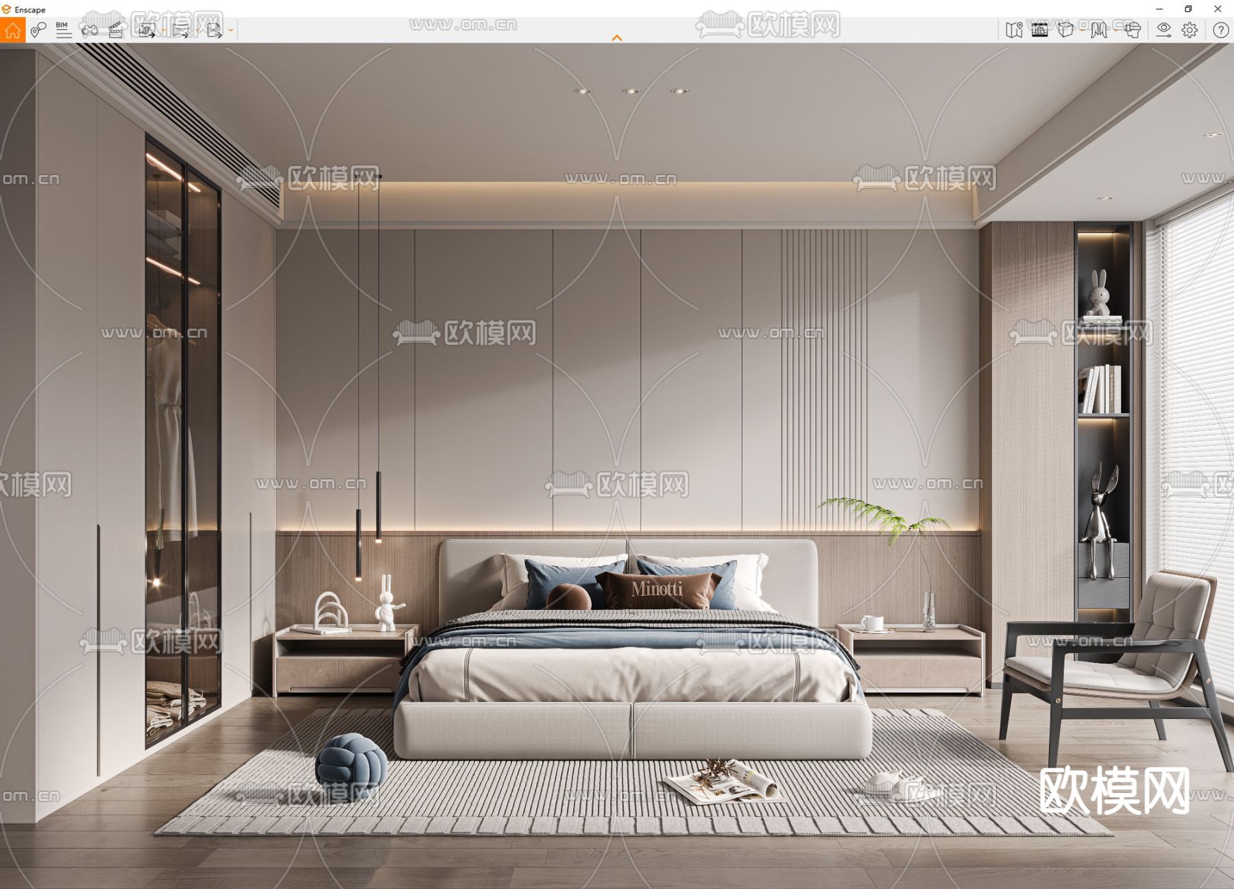 奶油风卧室su模型下载（渲染图3）