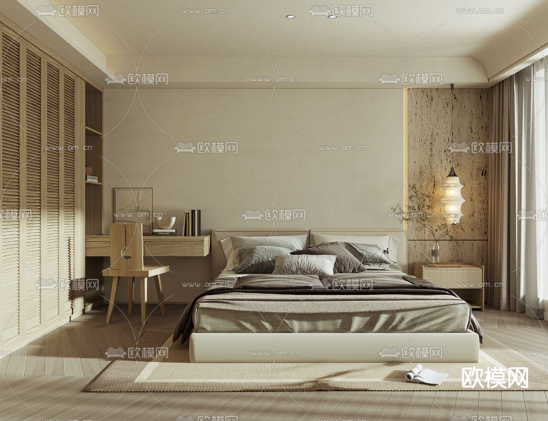 侘寂风卧室主人房su模型下载（渲染图1）
