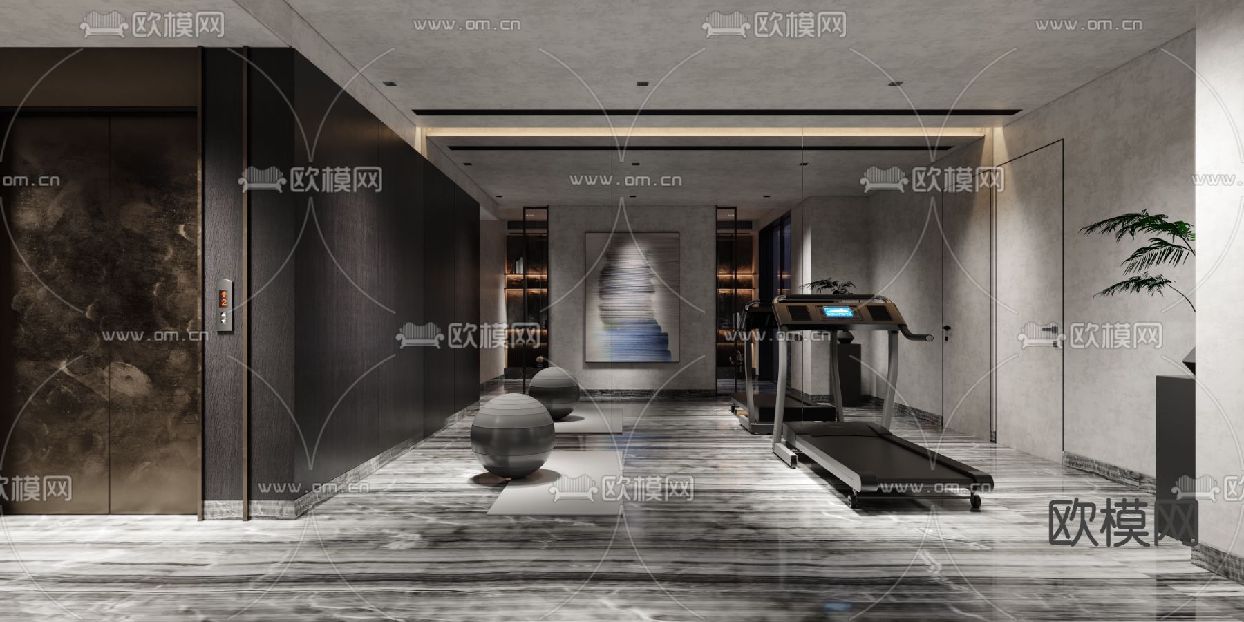 现代高级灰地下书房健身区3d模型下载（渲染图3）