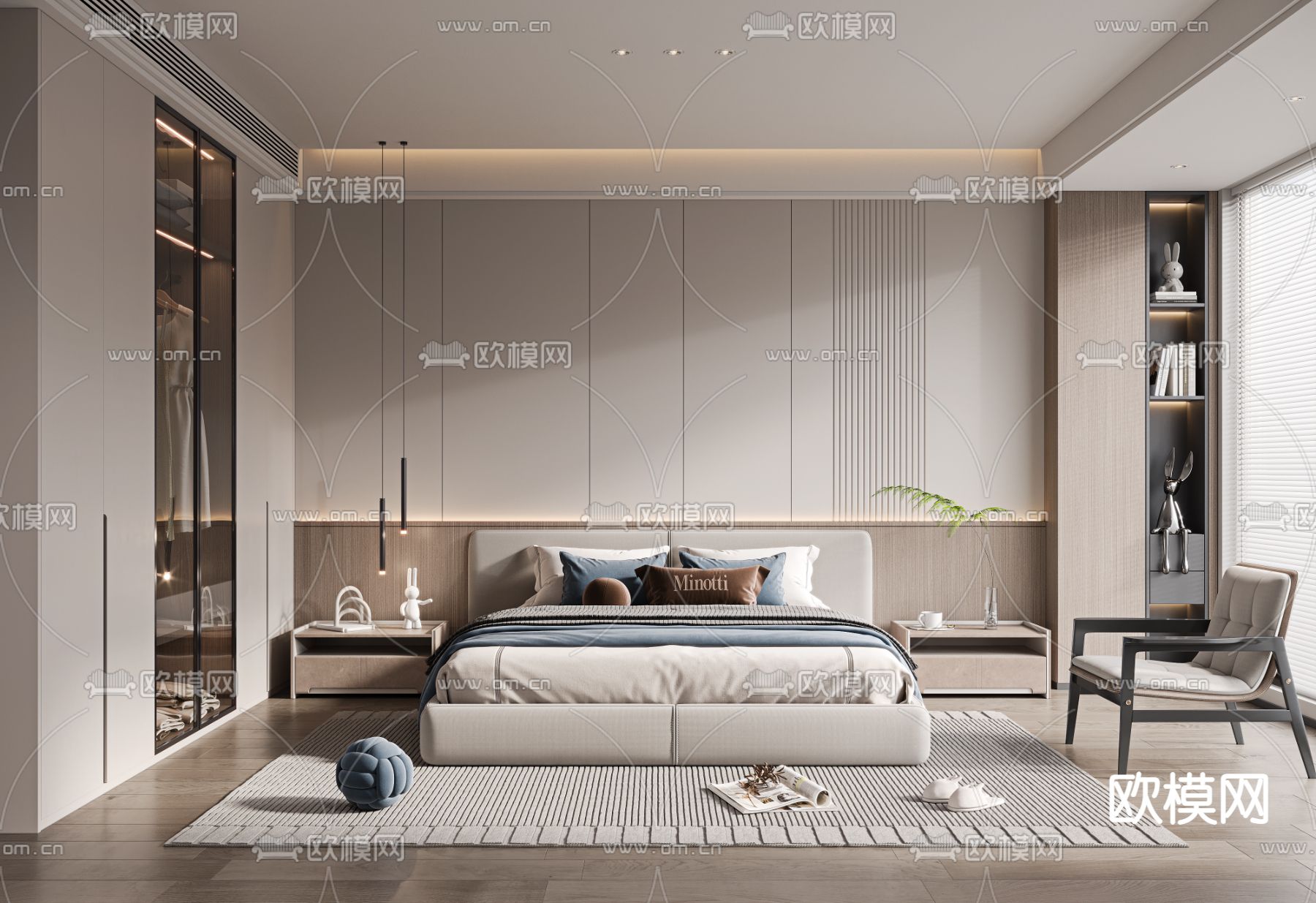 奶油风卧室su模型下载（渲染图1）