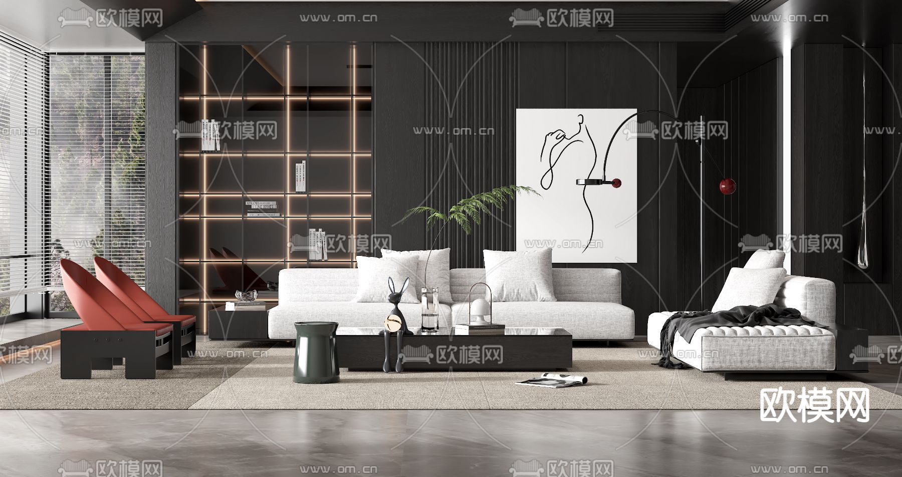 现代高级灰客厅3d模型下载（渲染图3）