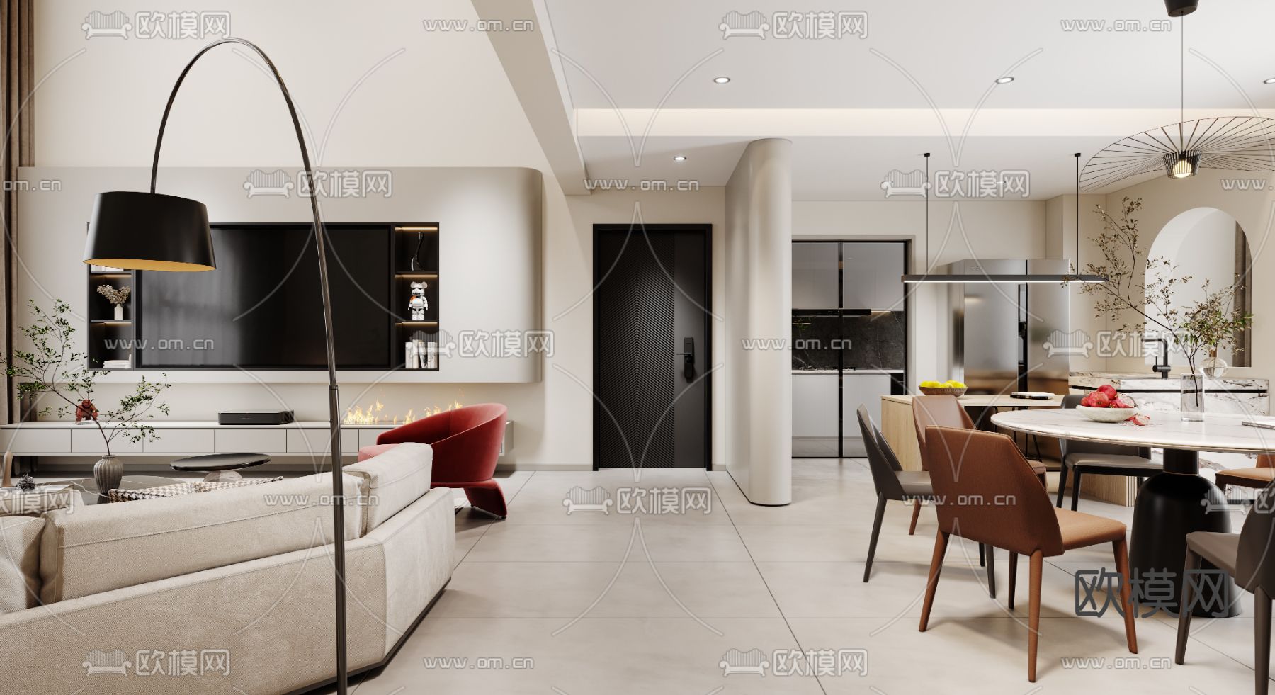 现代别墅客厅餐厅大堂3d模型下载（渲染图5）