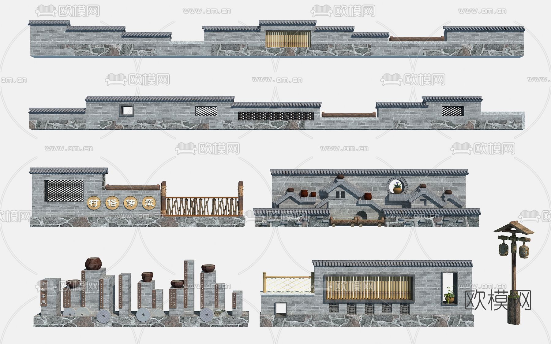 中式民俗文化景墙背景墙3d模型下载