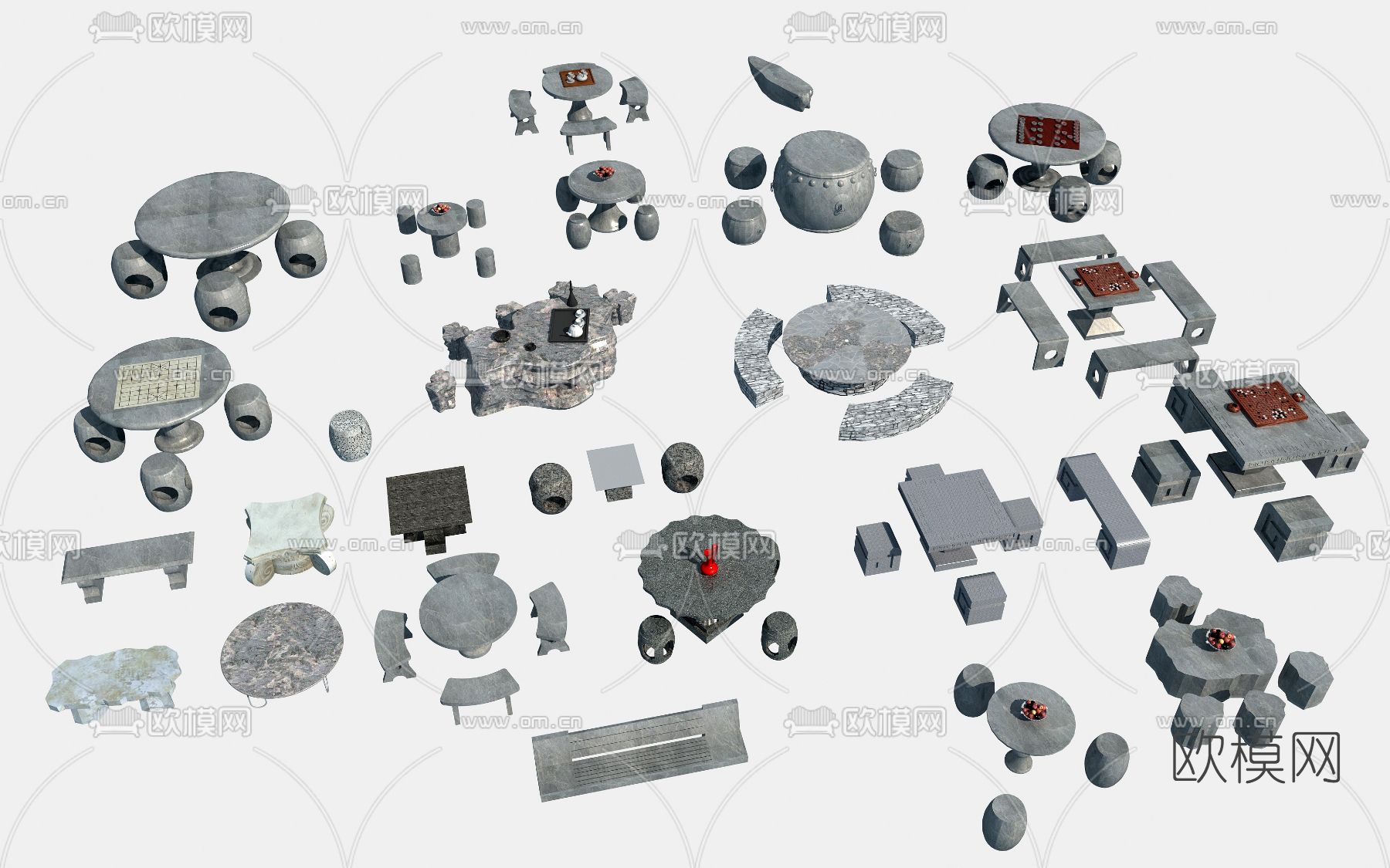新中式户外桌椅石桌石凳3d模型下载
