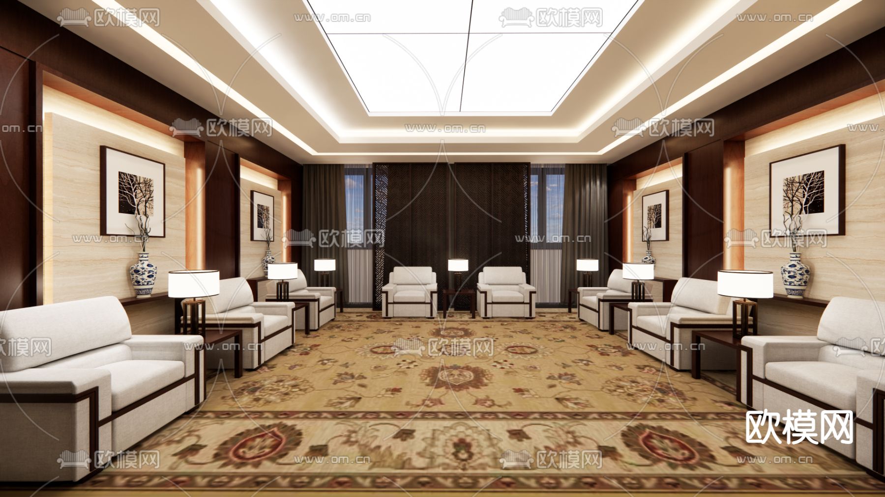 新中式接待室su模型下载（渲染图1）