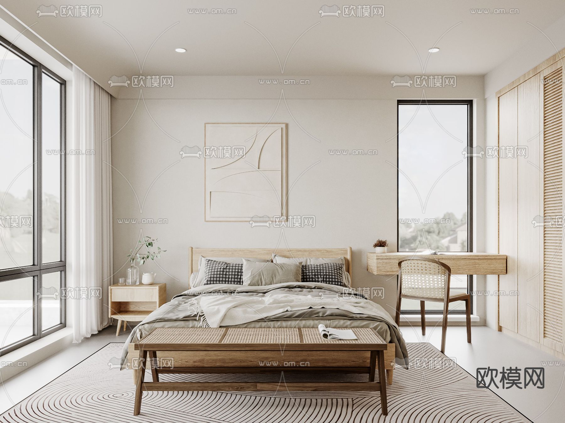 侘寂风卧室主人房su模型下载（渲染图1）