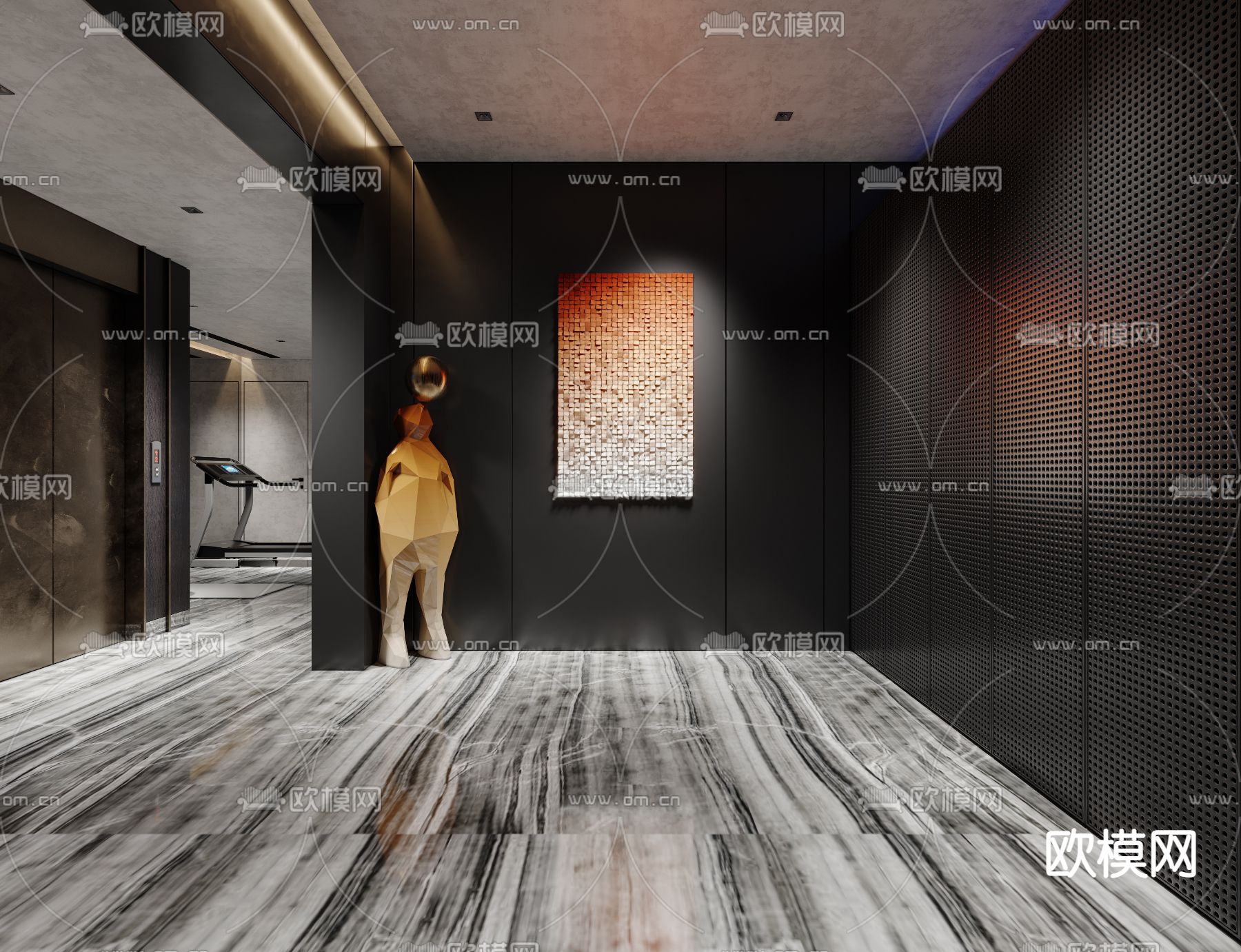 现代高级灰地下书房健身区3d模型下载（渲染图4）