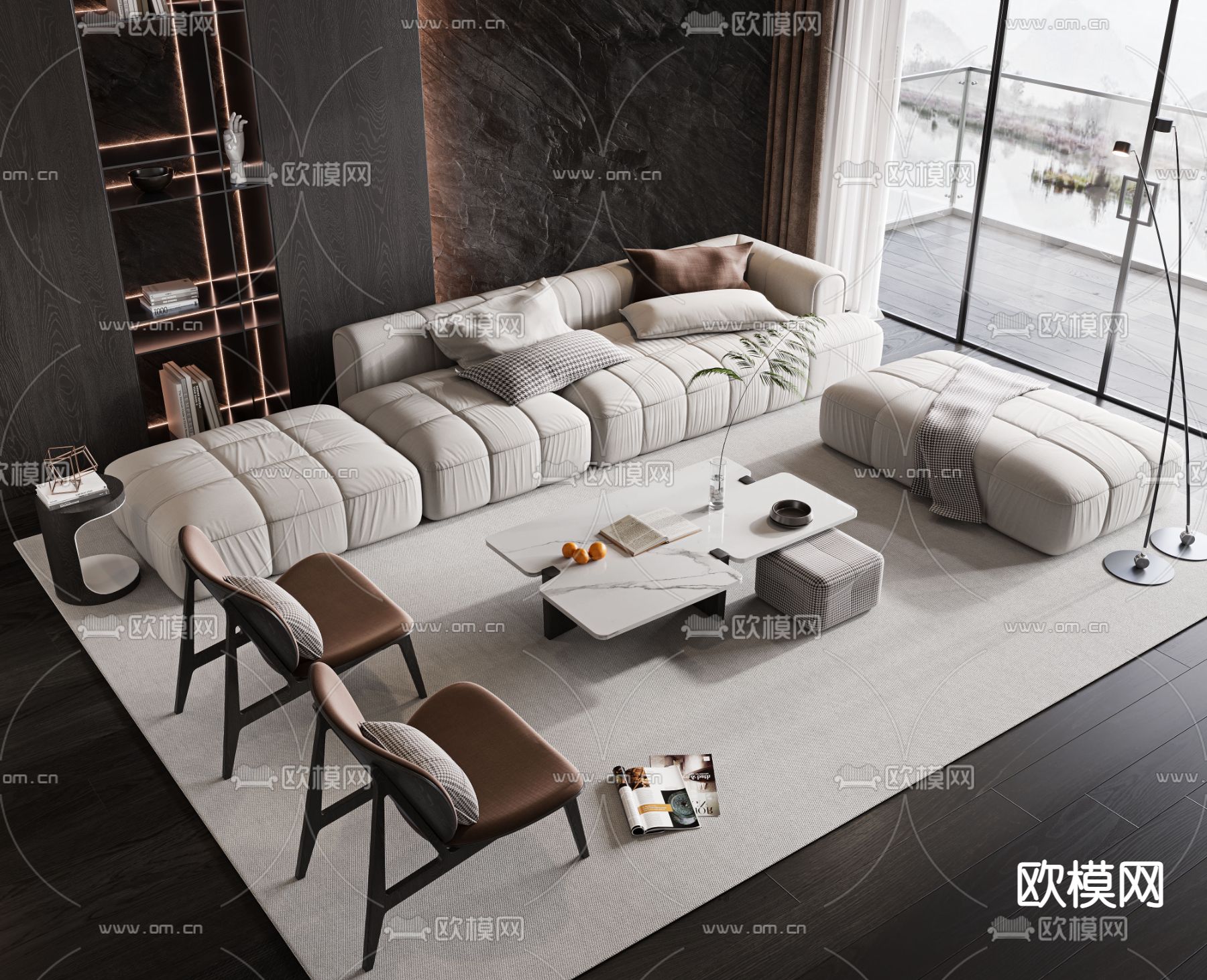 奶油风布艺组合沙发su模型下载（渲染图1）