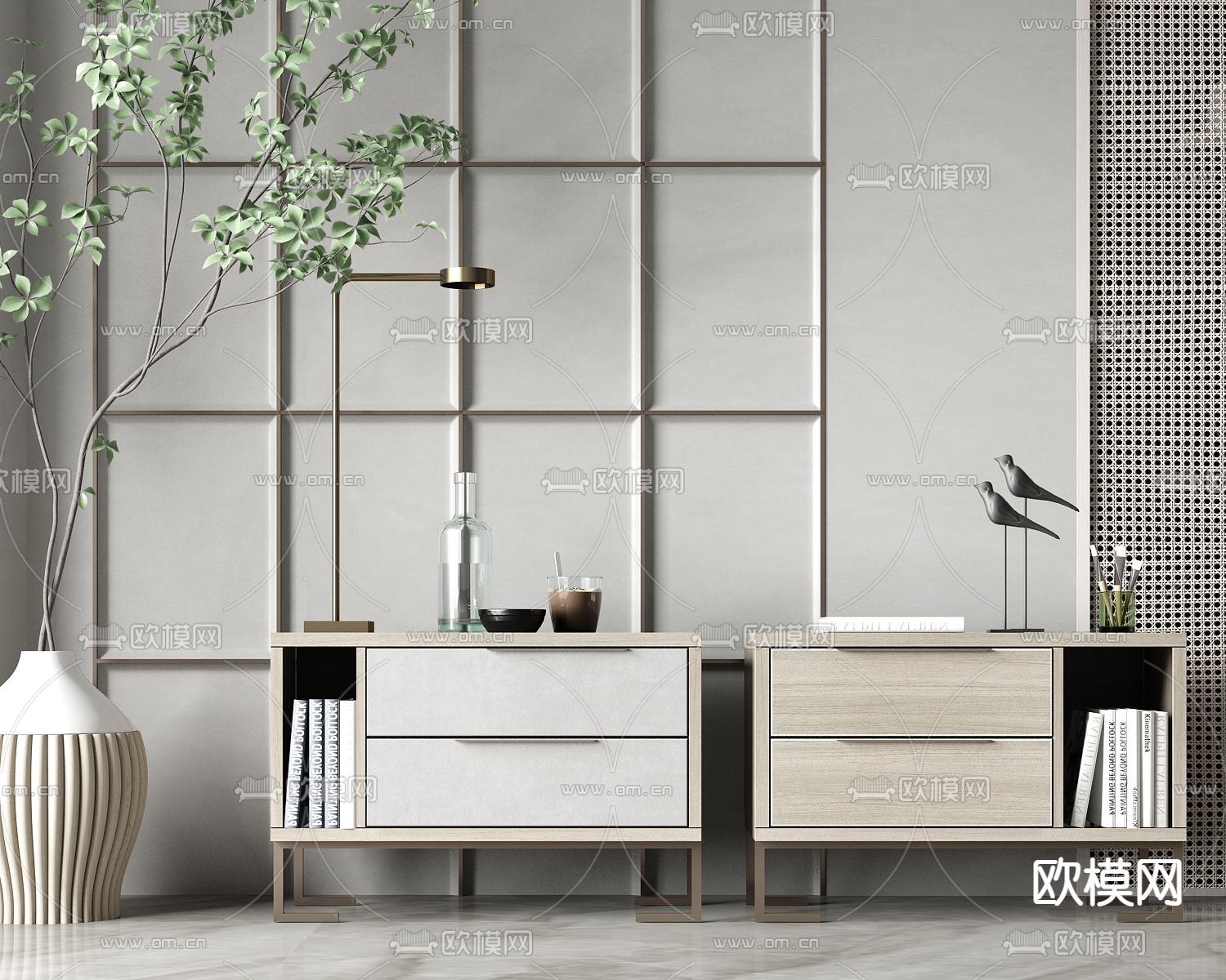 现代轻奢床头柜su模型下载（渲染图1）